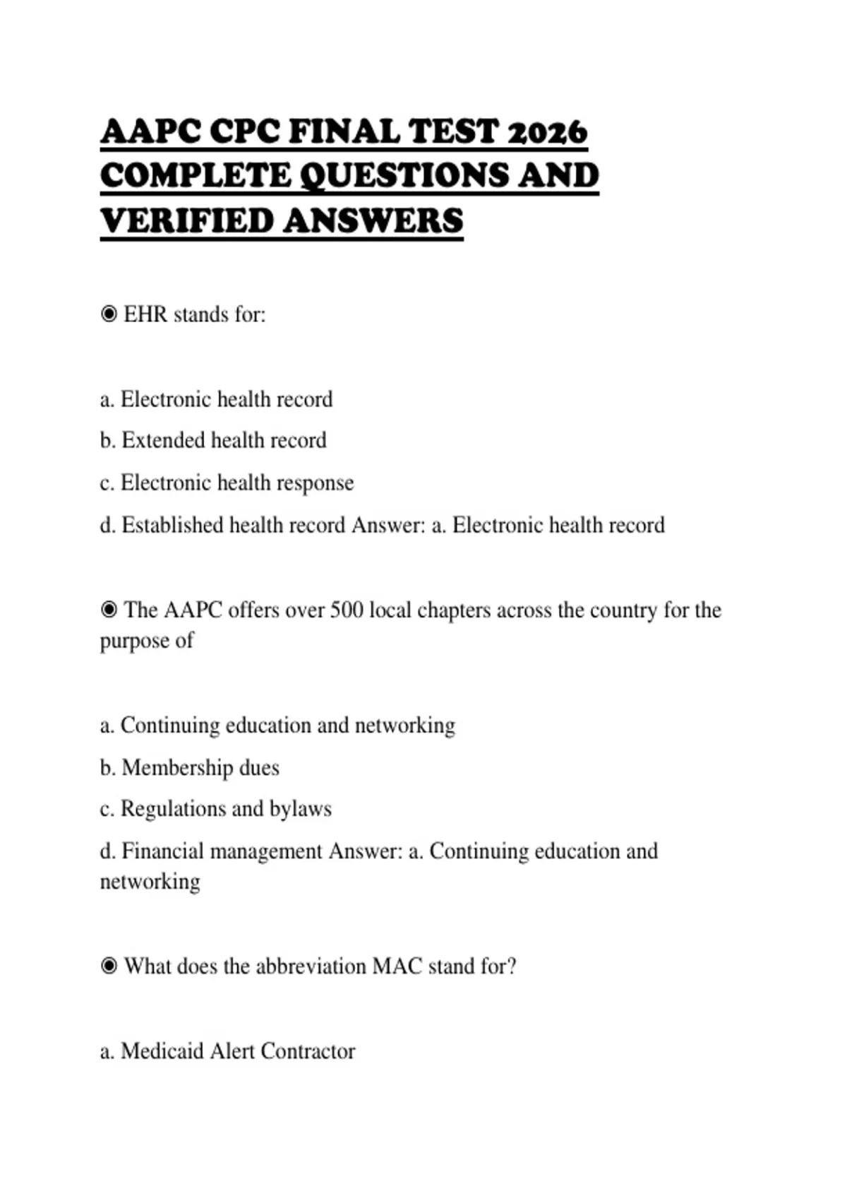 AAPC CPC FINAL TEST 2026 COMPLETE QUESTIONS AND VERIFIED ANSWERS - AAPC ...