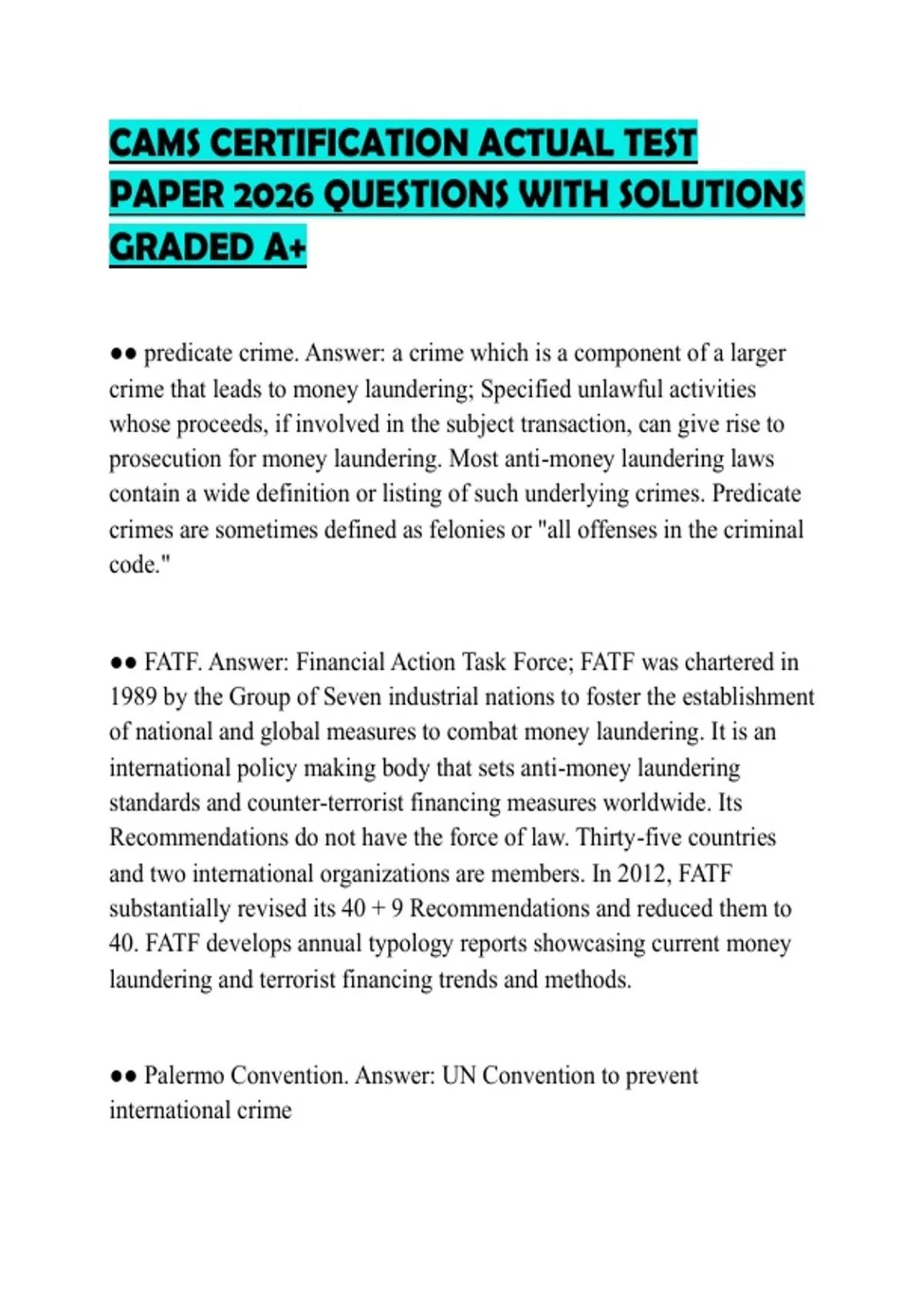 CAMS CERTIFICATION ACTUAL TEST PAPER 2026 QUESTIONS WITH SOLUTIONS ...
