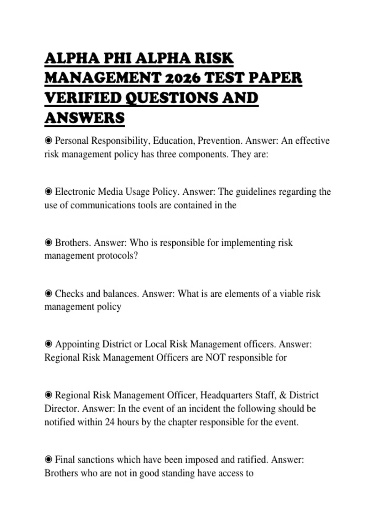 ALPHA PHI ALPHA RISK MANAGEMENT 2026 TEST PAPER VERIFIED QUESTIONS AND ...