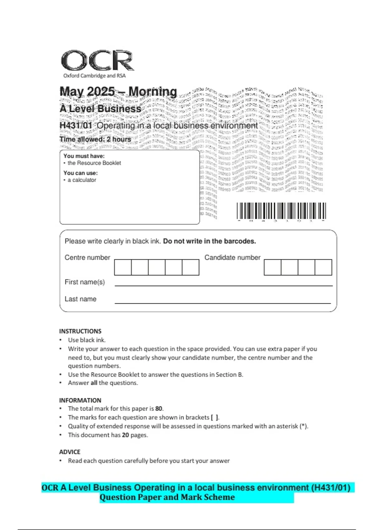 A Level Business H431/01 Operating in a local business environment ...