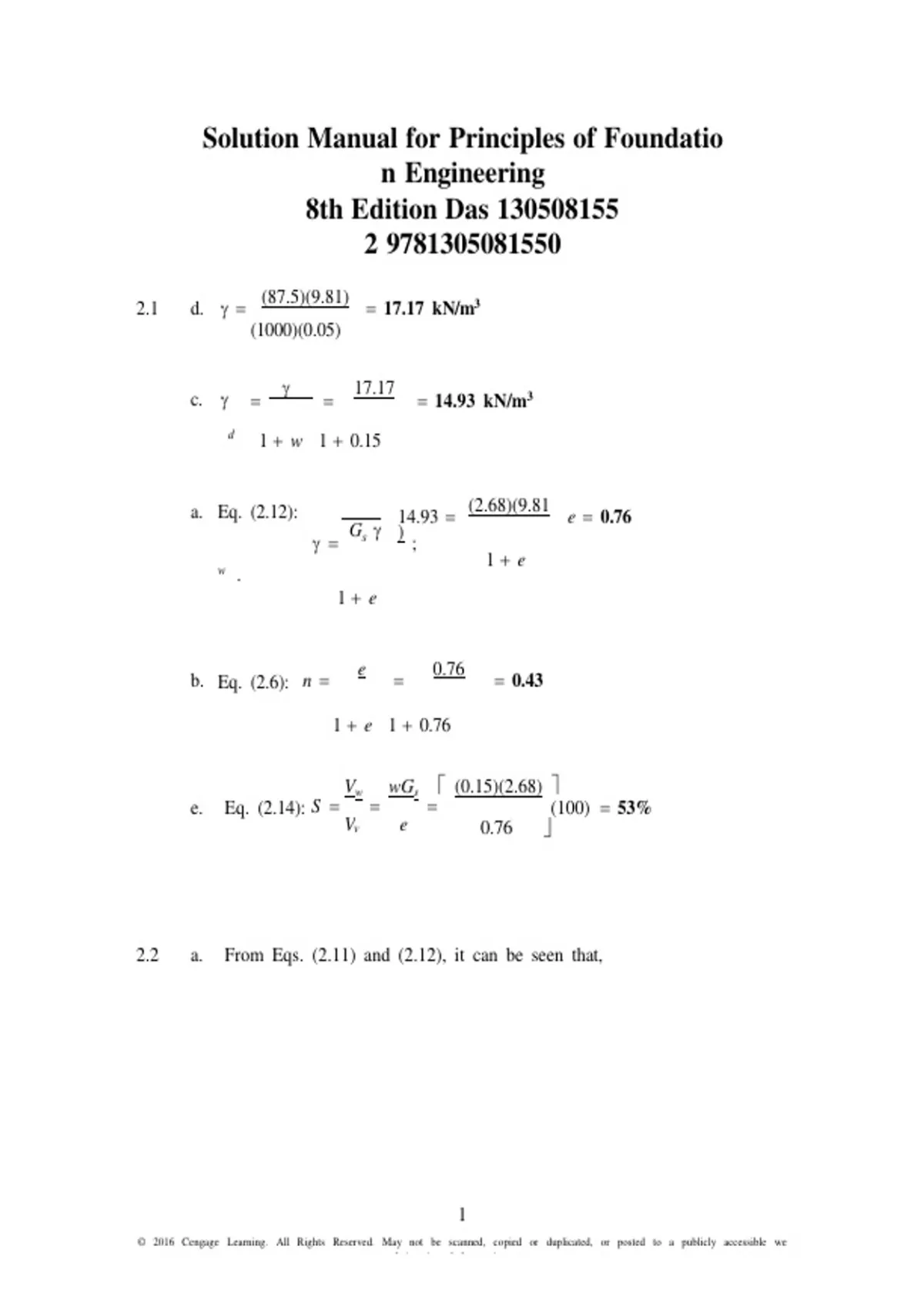 SOLUTION MANUAL FOR PRINCIPLES OF FOUNDATION ENGINEERING, 8TH EDITION ...