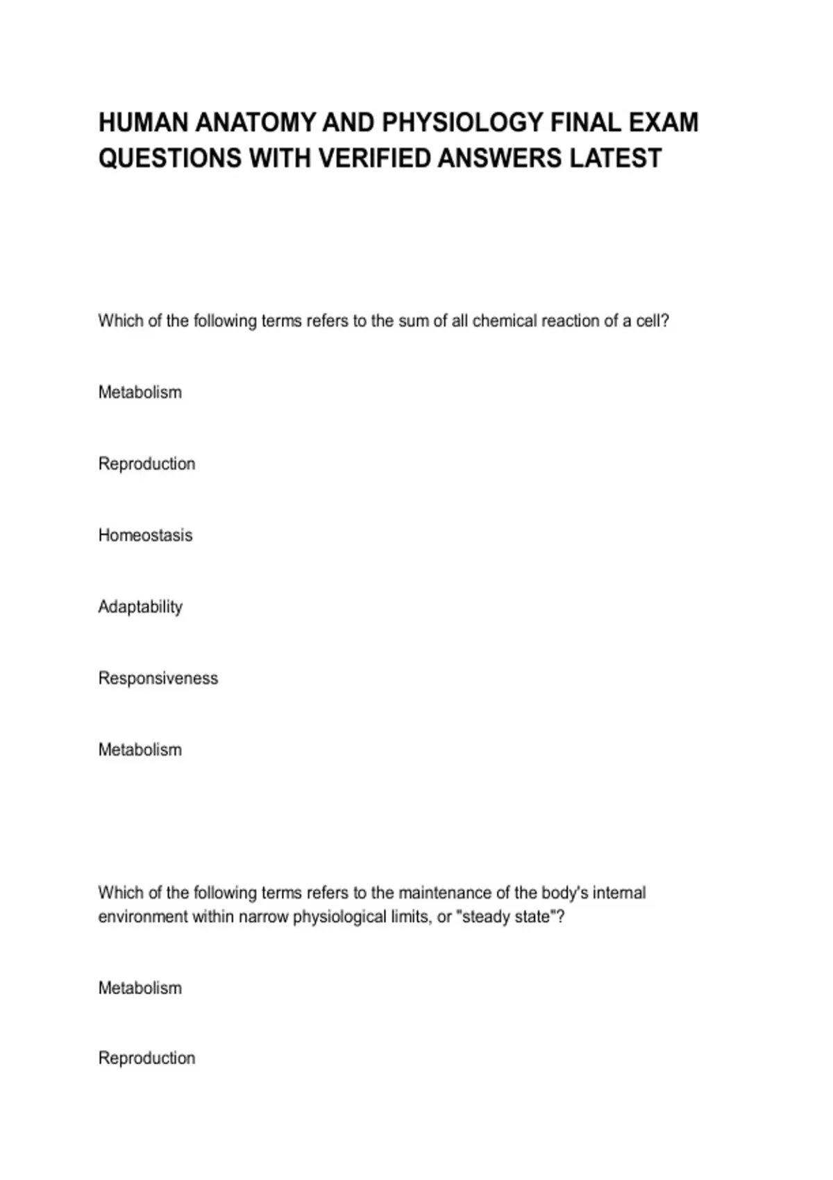 HUMAN ANATOMY AND PHYSIOLOGY FINAL EXAM QUESTIONS WITH VERIFIED ANSWERS ...