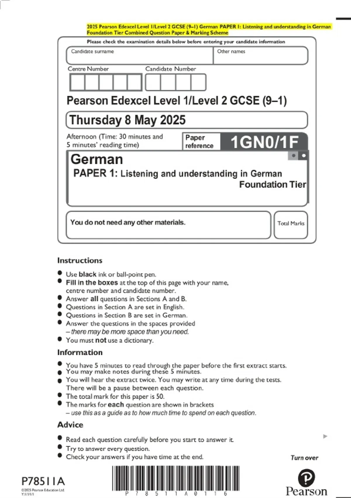 PACKAGE-::2025 Pearson Edexcel Level 1/Level 2 GCSE (9–1) German Exams ...