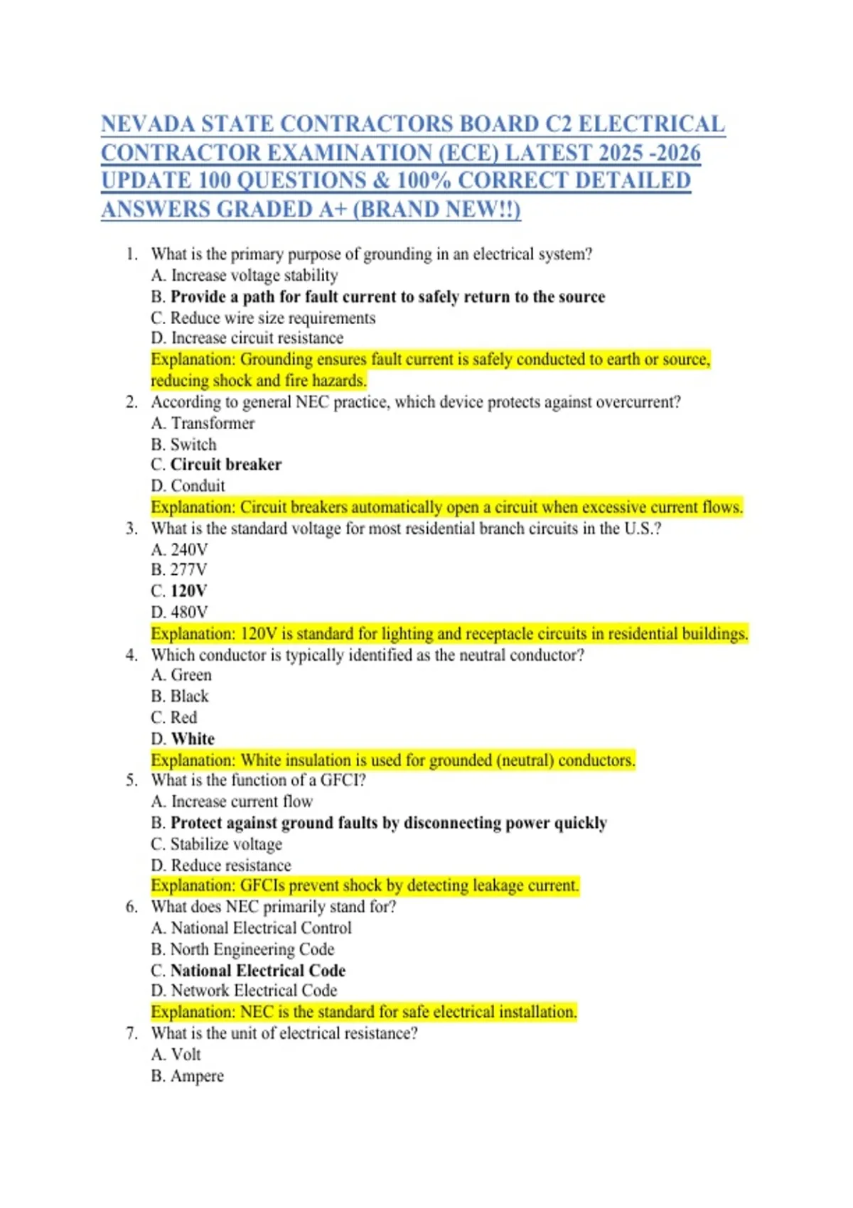 Ece Contractor NEVADA STATE CONTRACTORS BOARD C2 ELECTRICAL CONTRACTOR EXAMINATION ...