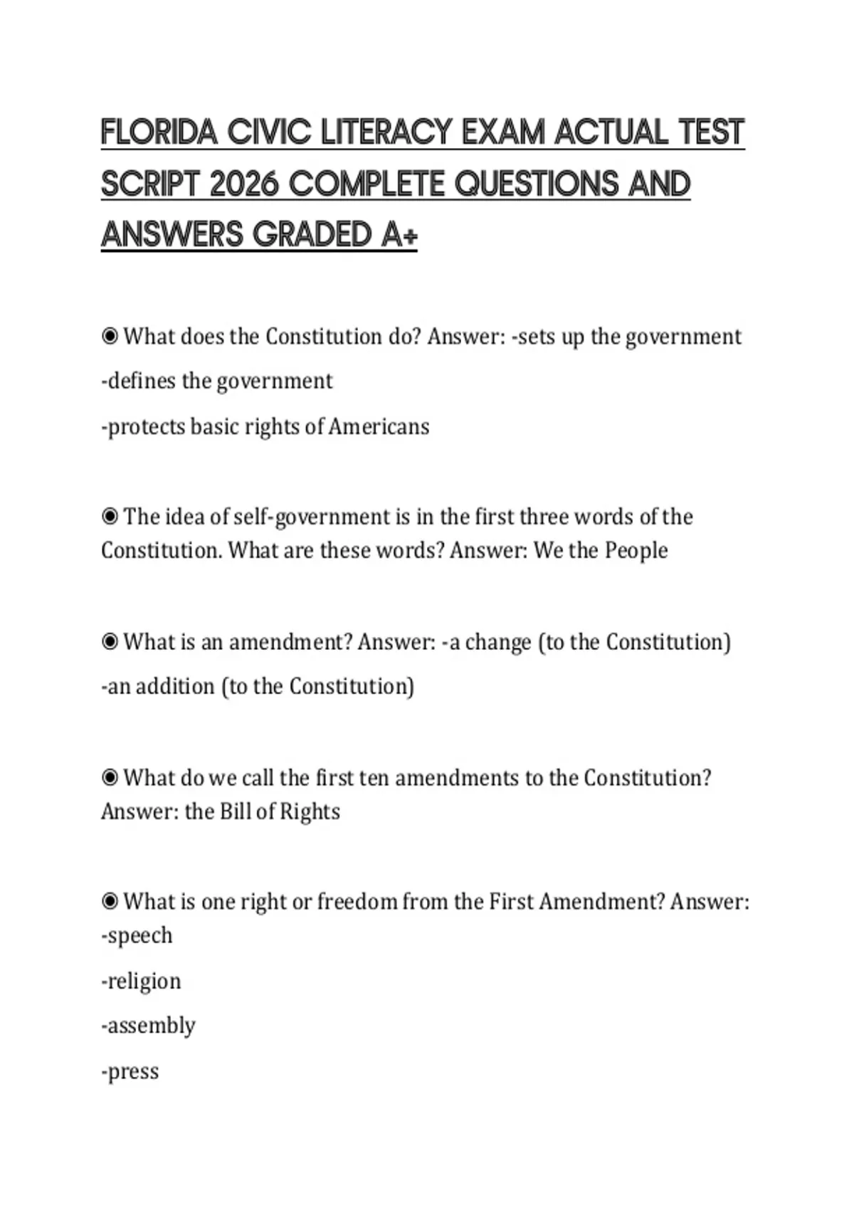 FLORIDA CIVIC LITERACY EXAM ACTUAL TEST SCRIPT 2026 COMPLETE QUESTIONS ...