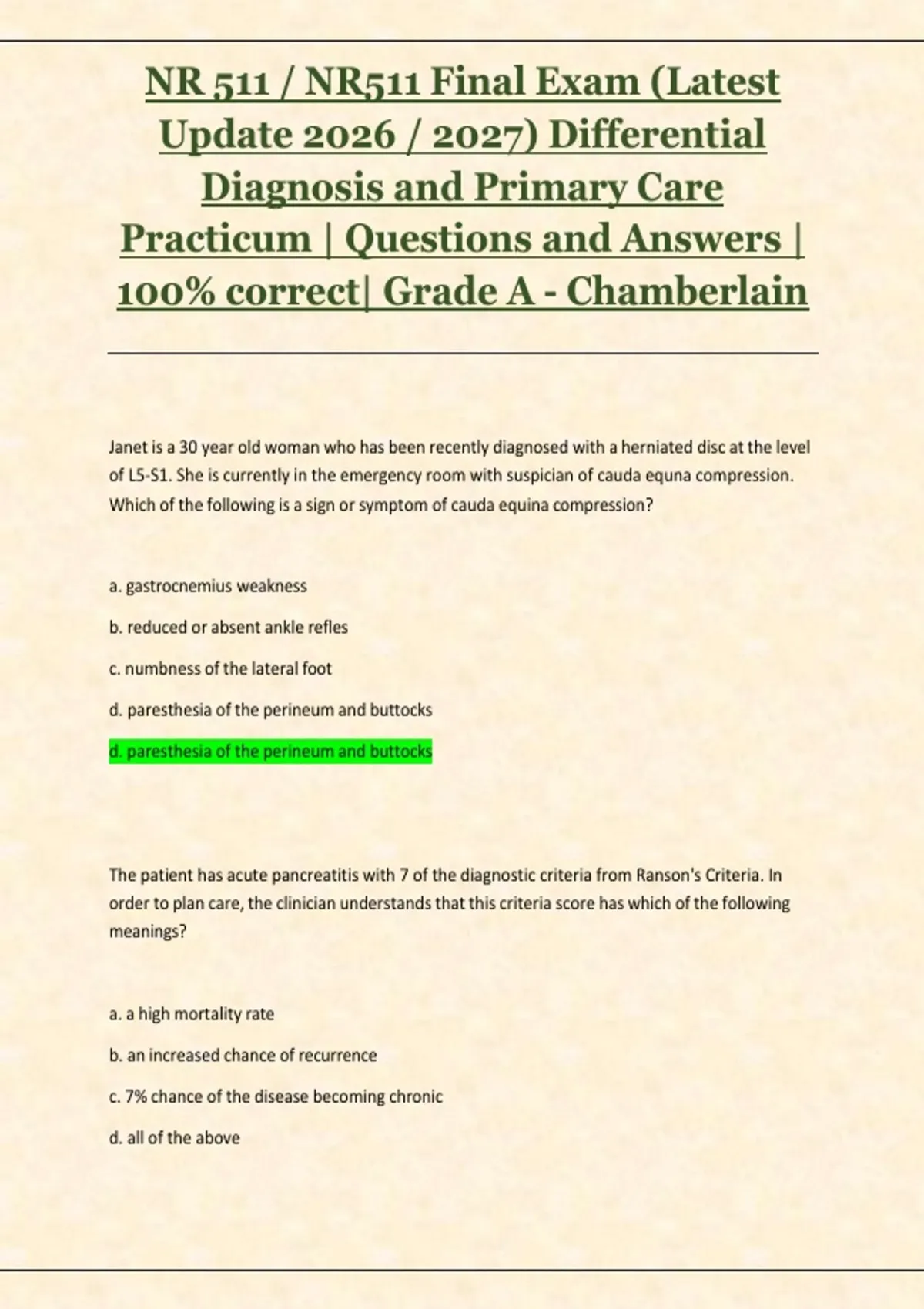 D 511 NR 511 / NR511 Final Exam (Latest Update 2026 / 2027) Differential ...