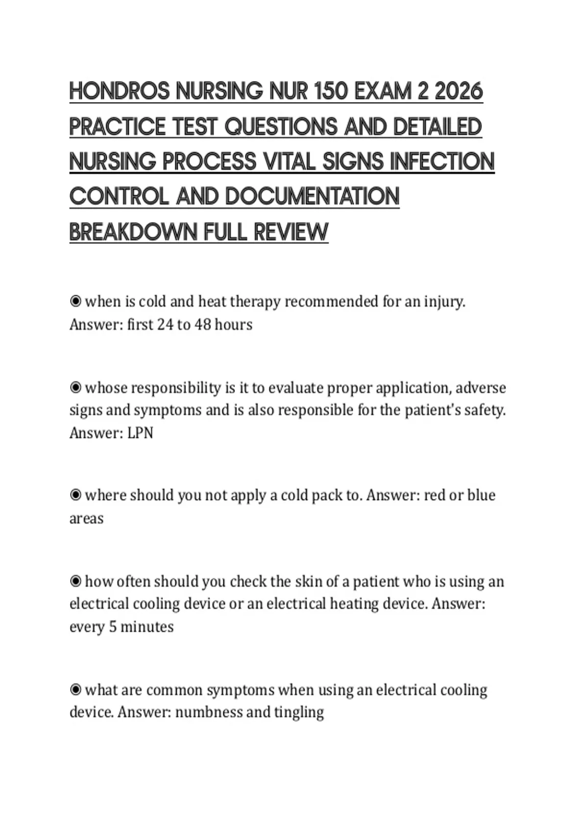 HONDROS NURSING NUR 150 EXAM 2 2026 PRACTICE TEST QUESTIONS AND ...