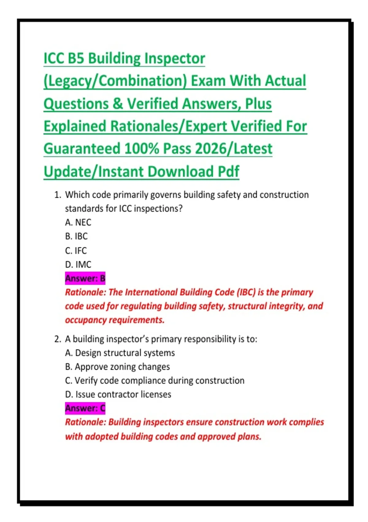ICC B5 Building Inspector (Legacy/Combination) Exam With Actual ...