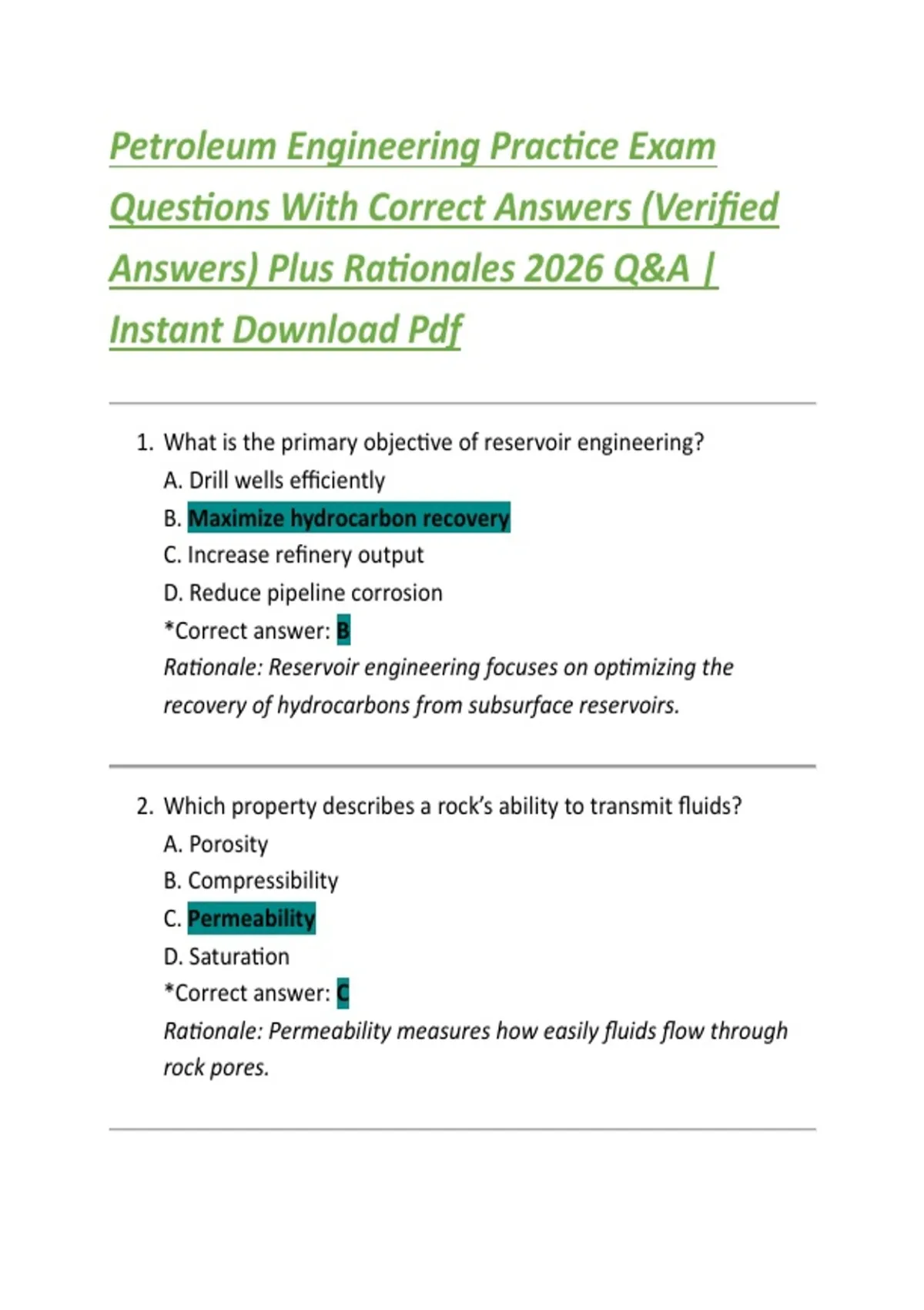 Petroleum Engineering Practice Exam Questions With Correct Answers (Verified Answers) Plus ...