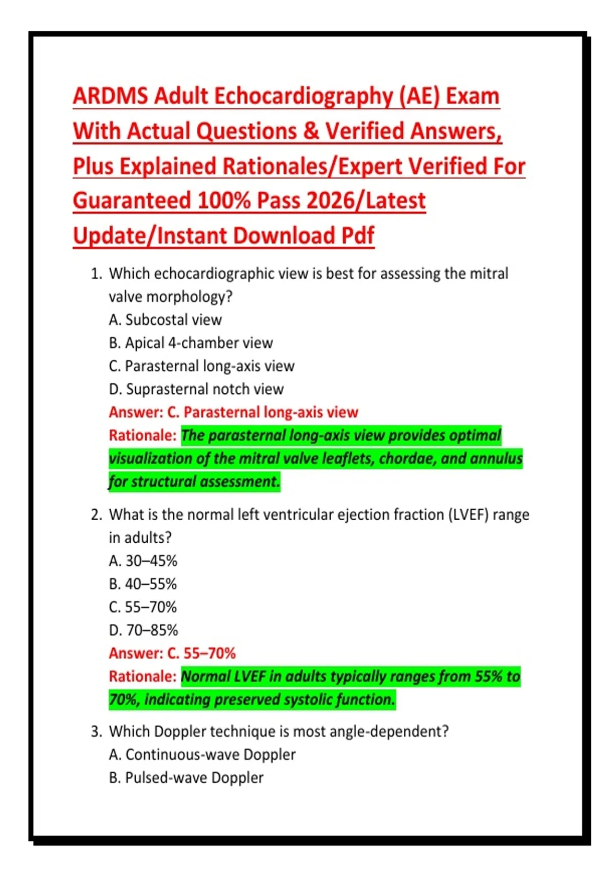 ARDMS Adult Echocardiography (AE) Exam With Actual Questions & Verified ...