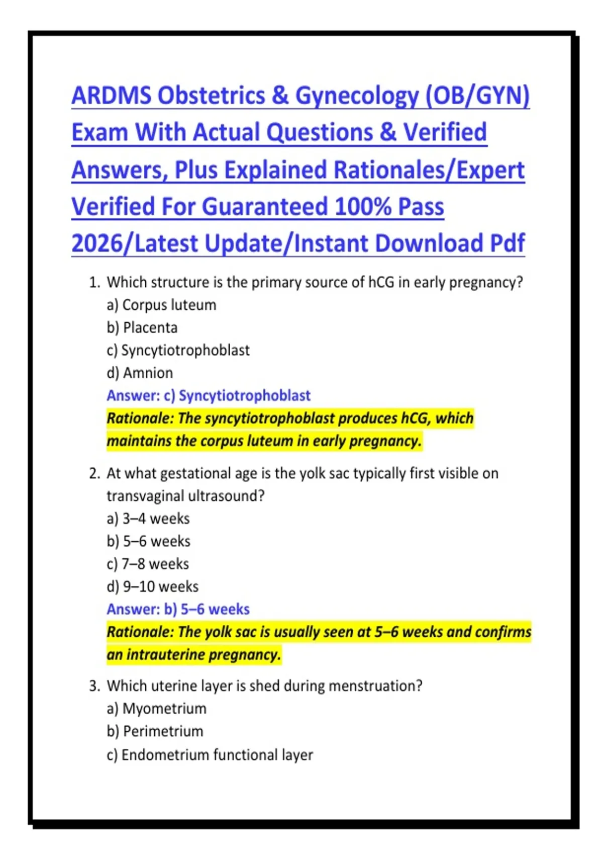 ARDMS Obstetrics & Gynecology (OB/GYN) Exam With Actual Questions ...