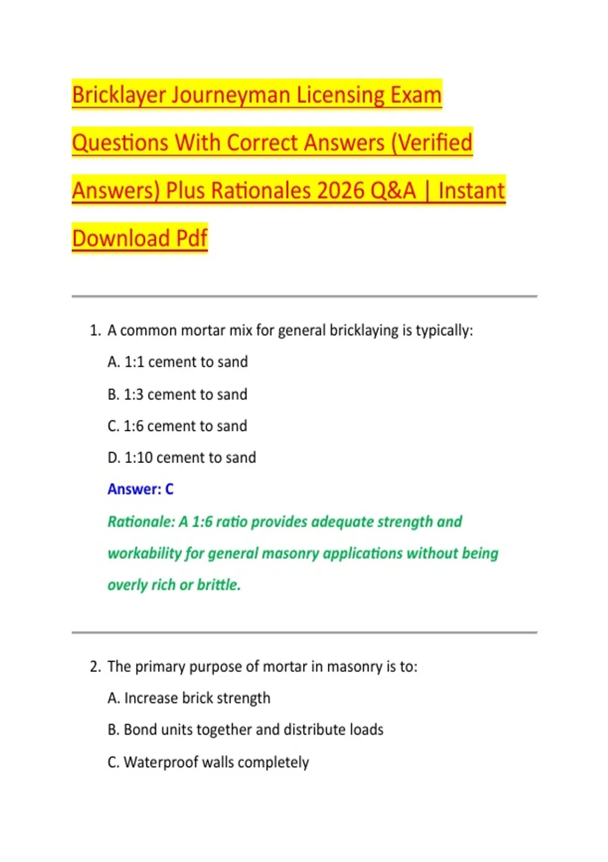 Bricklayer Journeyman Licensing Exam Questions With Correct Answers ...