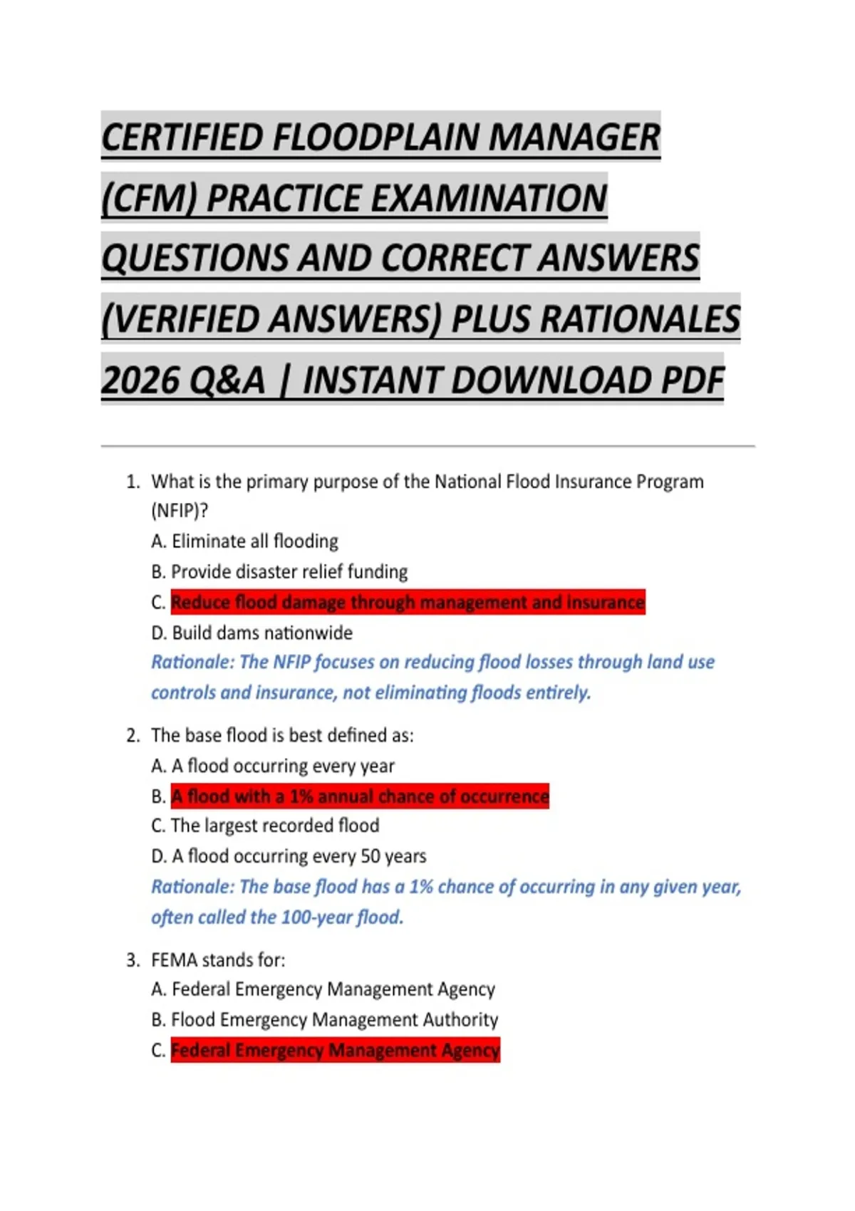 Cfm Exam Example Questions CERTIFIED FLOODPLAIN MANAGER (CFM) PRACTICE EXAMINATION QUESTIONS AND ...