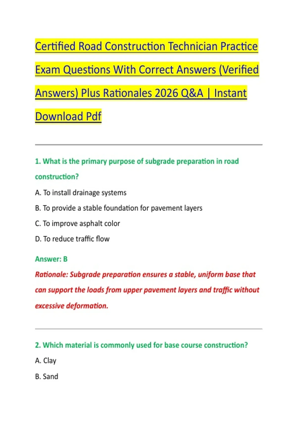 Certified Road Construction Technician Practice Exam Questions With ...