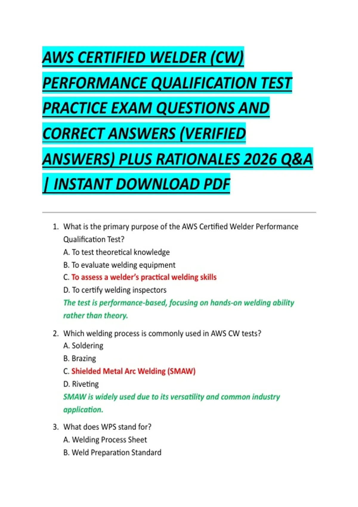 AWS CERTIFIED WELDER (CW) PERFORMANCE QUALIFICATION TEST PRACTICE EXAM ...