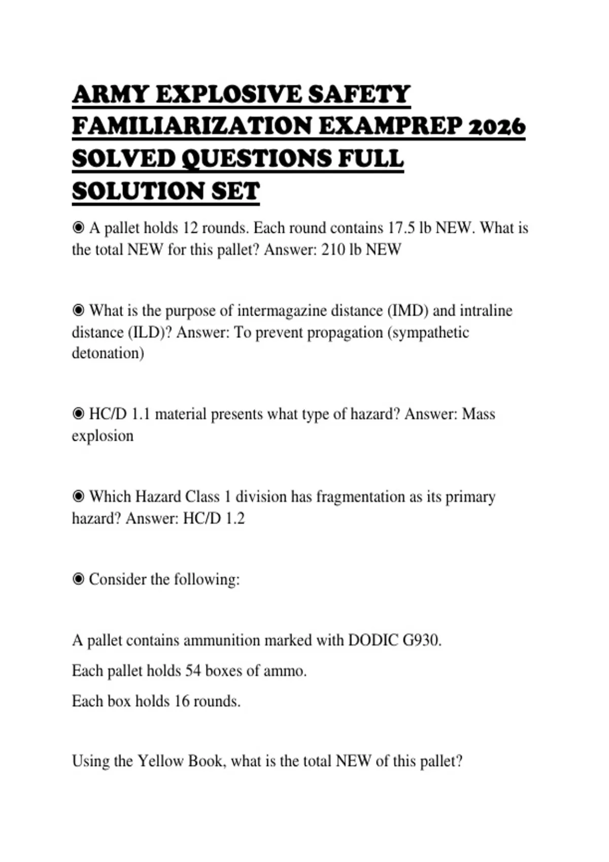 ARMY EXPLOSIVE SAFETY FAMILIARIZATION EXAMPREP 2026 SOLVED QUESTIONS ...