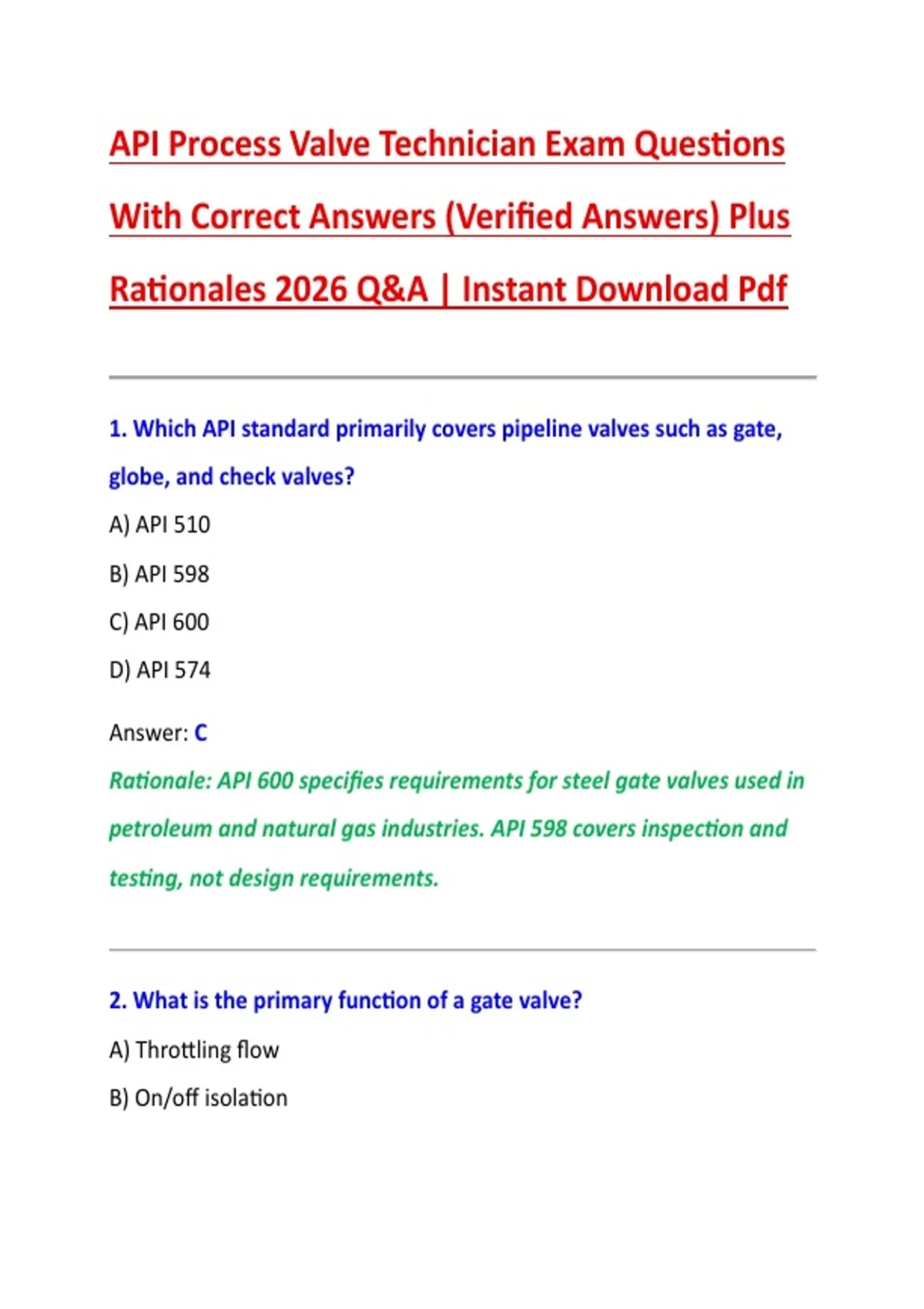 API Process Valve Technician Exam Questions With Correct Answers ...