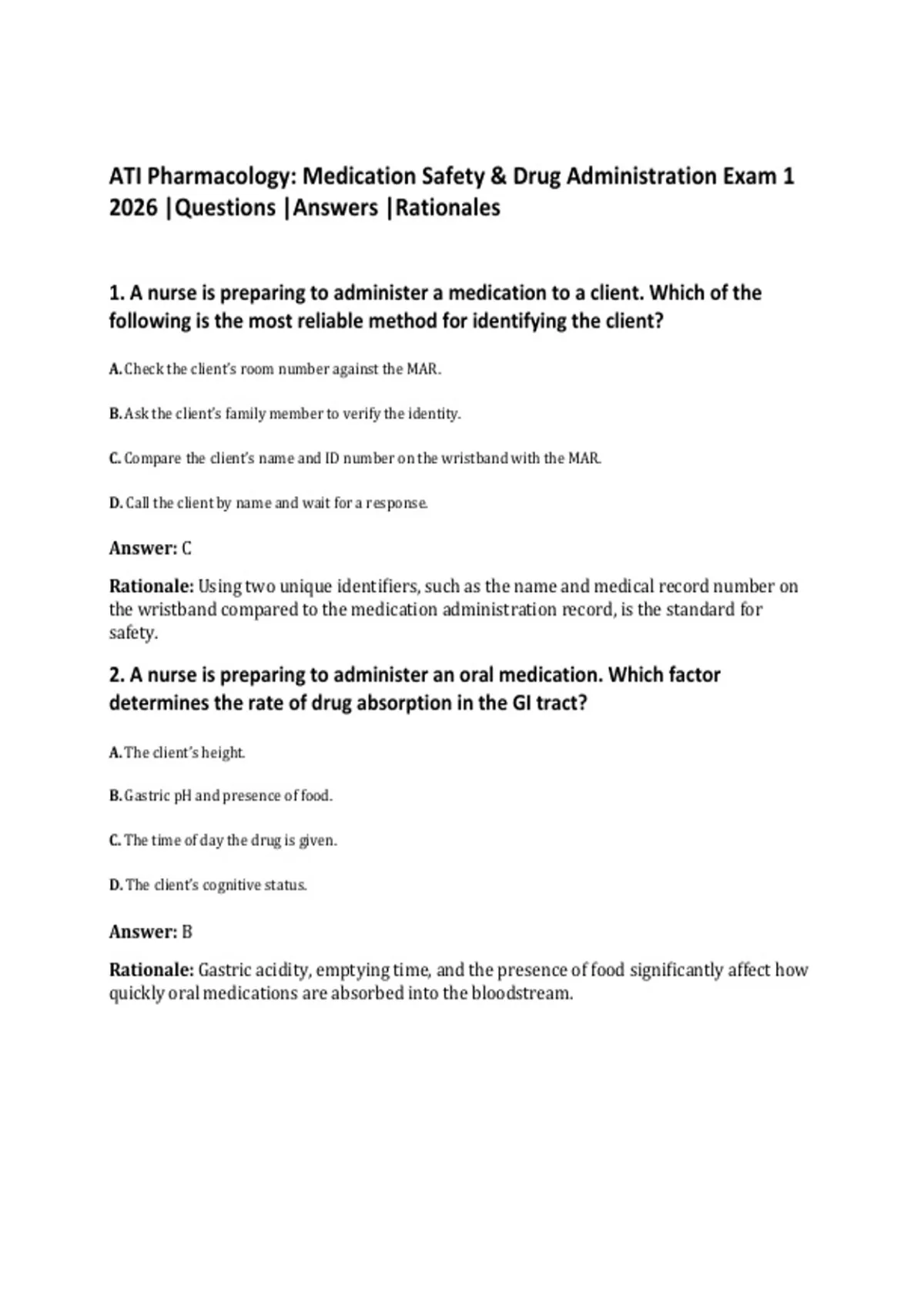 ATI Pharmacology: Medication Safety & Drug Administration Exam 1 2026 ...