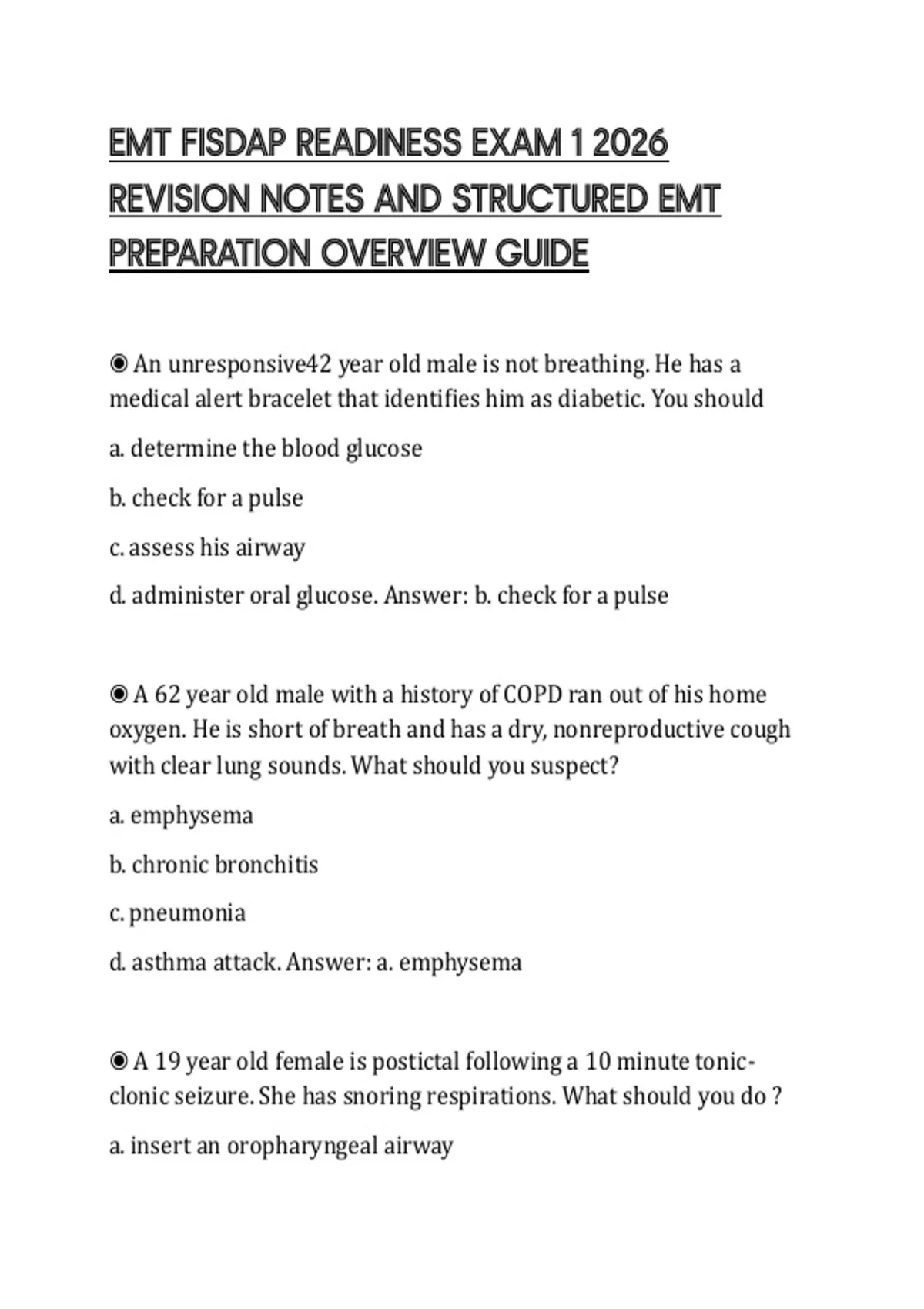 EMT FISDAP READINESS EXAM 1 2026 REVISION NOTES AND STRUCTURED EMT ...