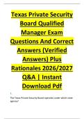 Texas Private Security &NewLine;Board Qualified &NewLine;Manager Exam &NewLine;Questions And Correct &NewLine;Answers &lpar;Verified &NewLine;Answers&rpar; Plus &NewLine;Rationales 2026&sol;2027 &NewLine;Q&A &vert; Instant &NewLine;Download Pdf 