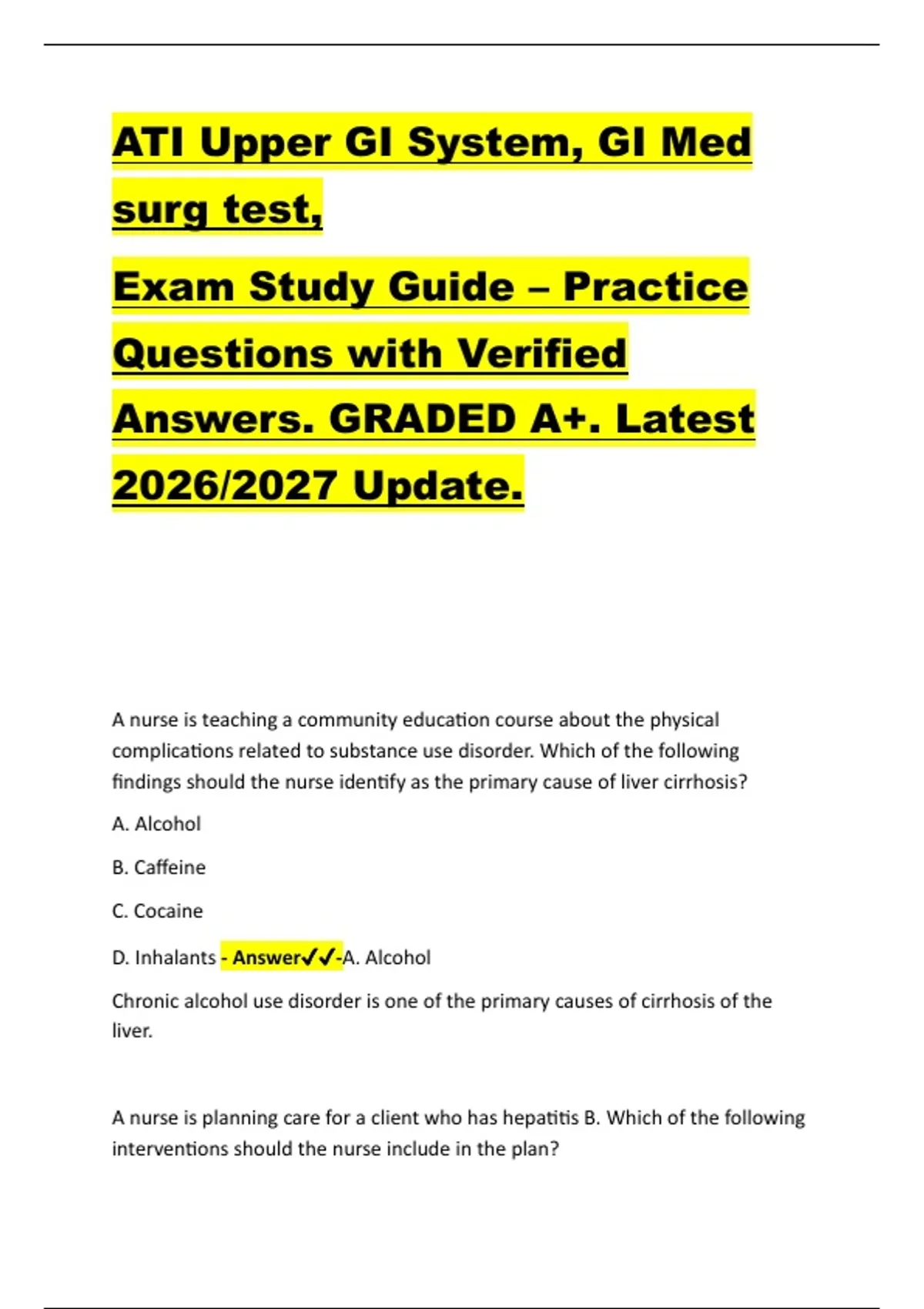 ATI Upper GI System, GI Med surg test, Exam Study Guide – Practice ...