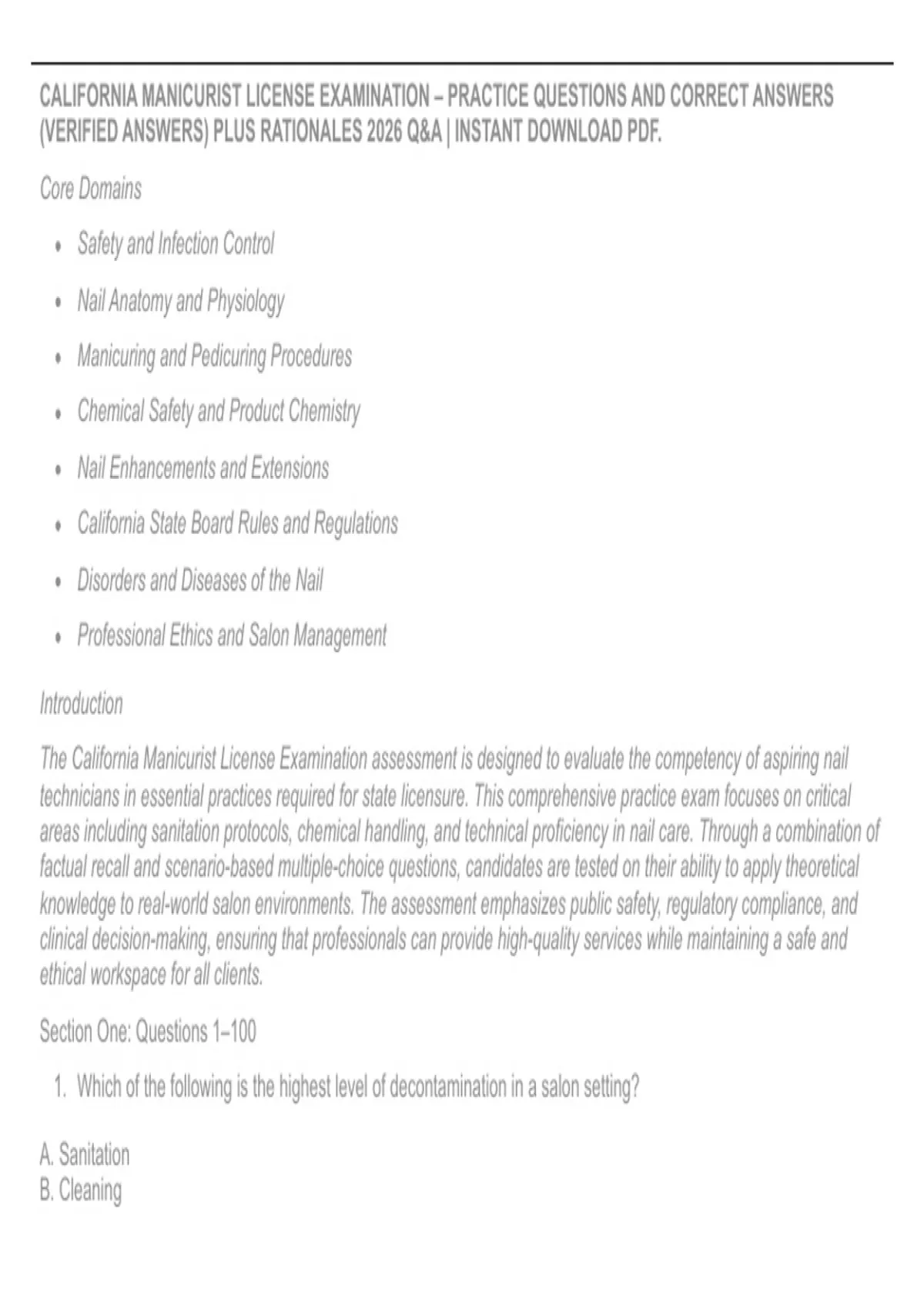 CALIFORNIA MANICURIST LICENSE EXAMINATION – PRACTICE QUESTIONS AND CORRECT ANSWERS (VERIFIED ...