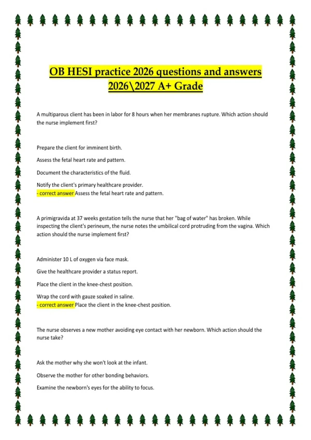 OB HESI Practice 2026/2027 – Questions and Answers for A+ Grade Exam ...