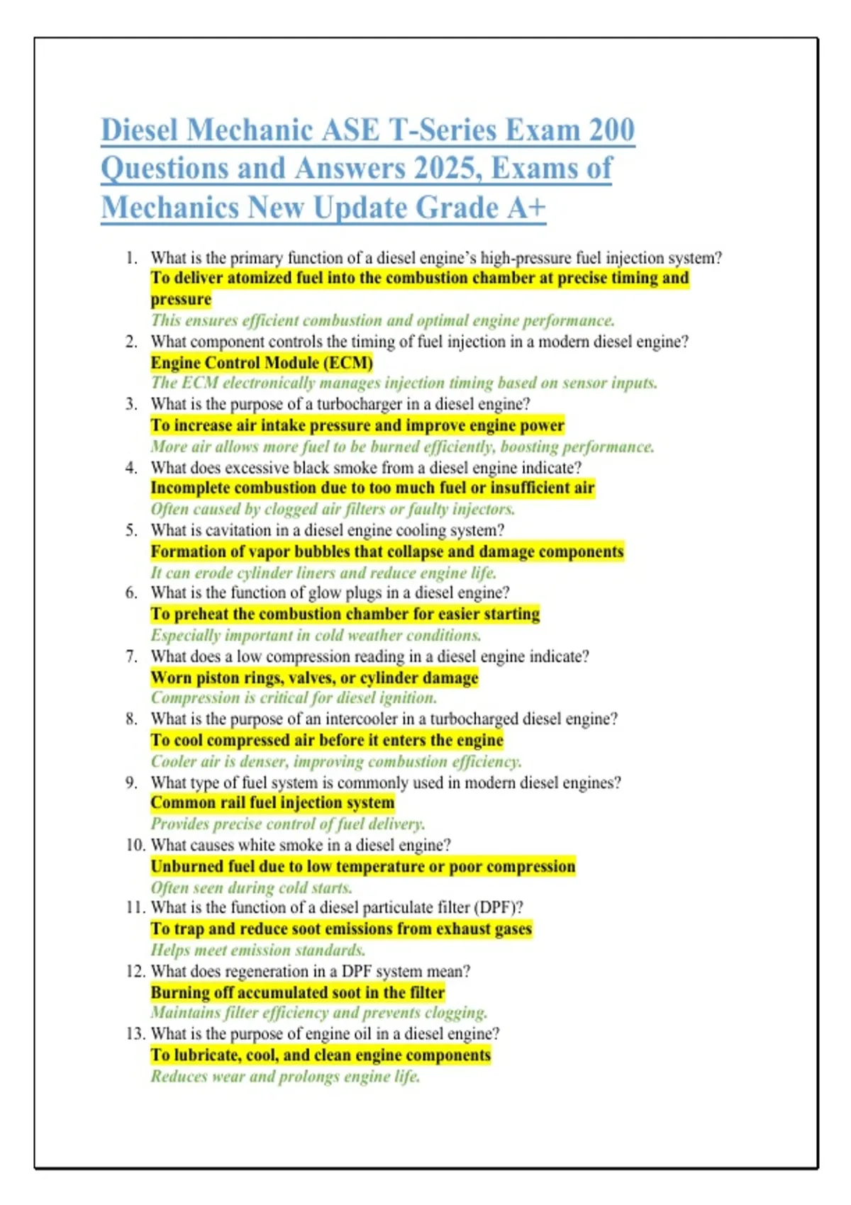 Diesel Mechanic ASE T-Series Exam 200 Questions and Answers 2025, Exams ...