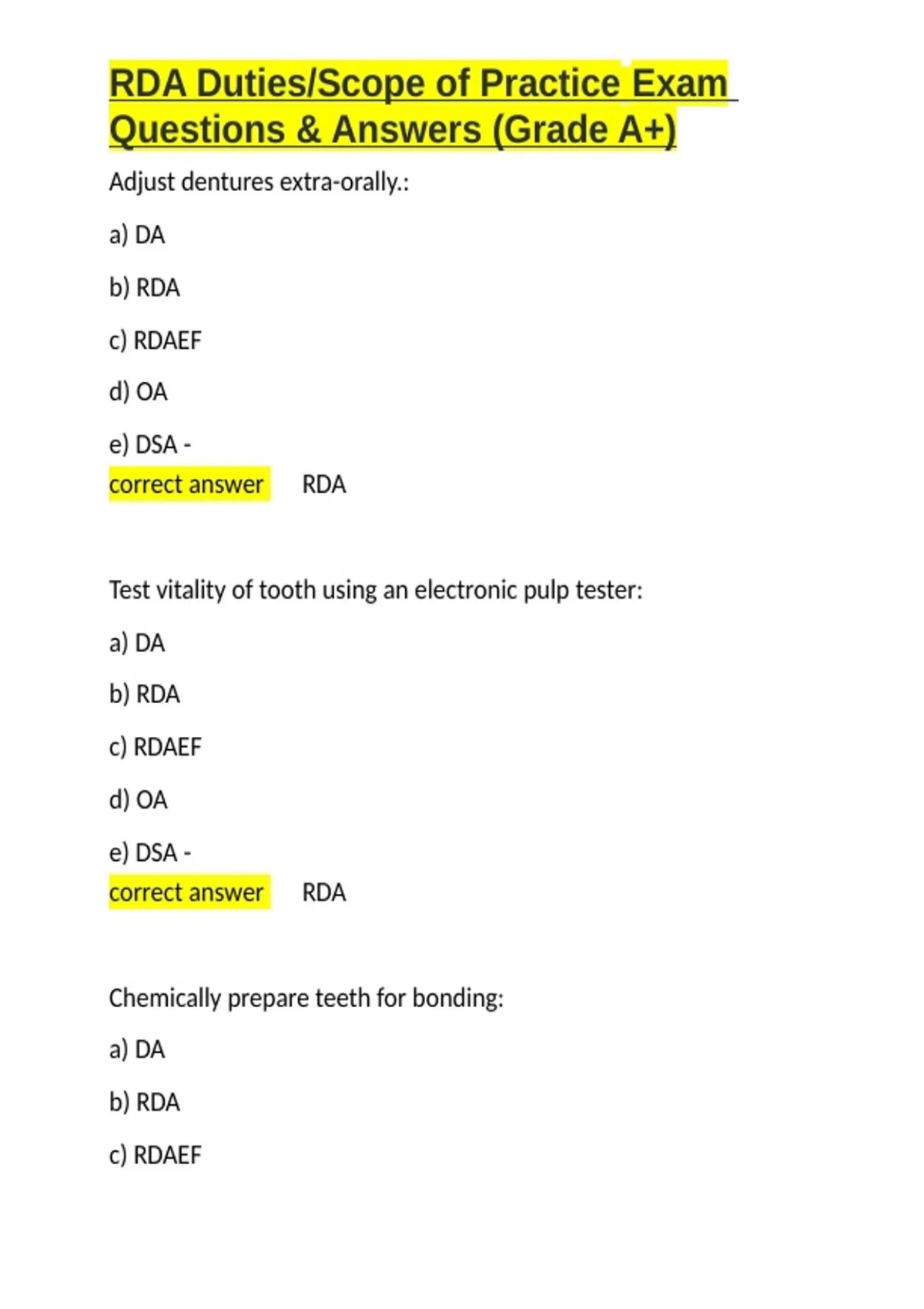 RDA Duties Scope of Practice Exam Questions & Answers (Grade A+).docx ...