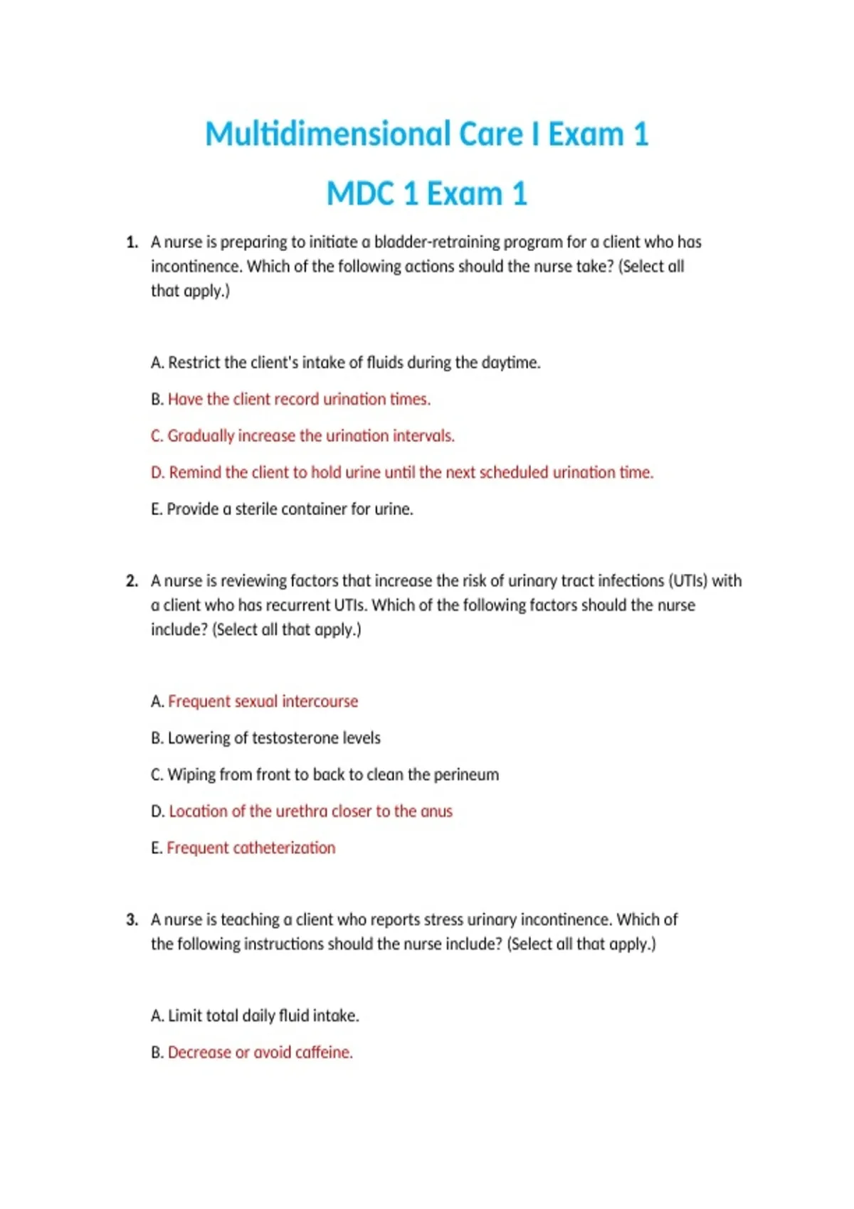 Multidimensional Care I Nursing Fundamentals Practice Questions and ...