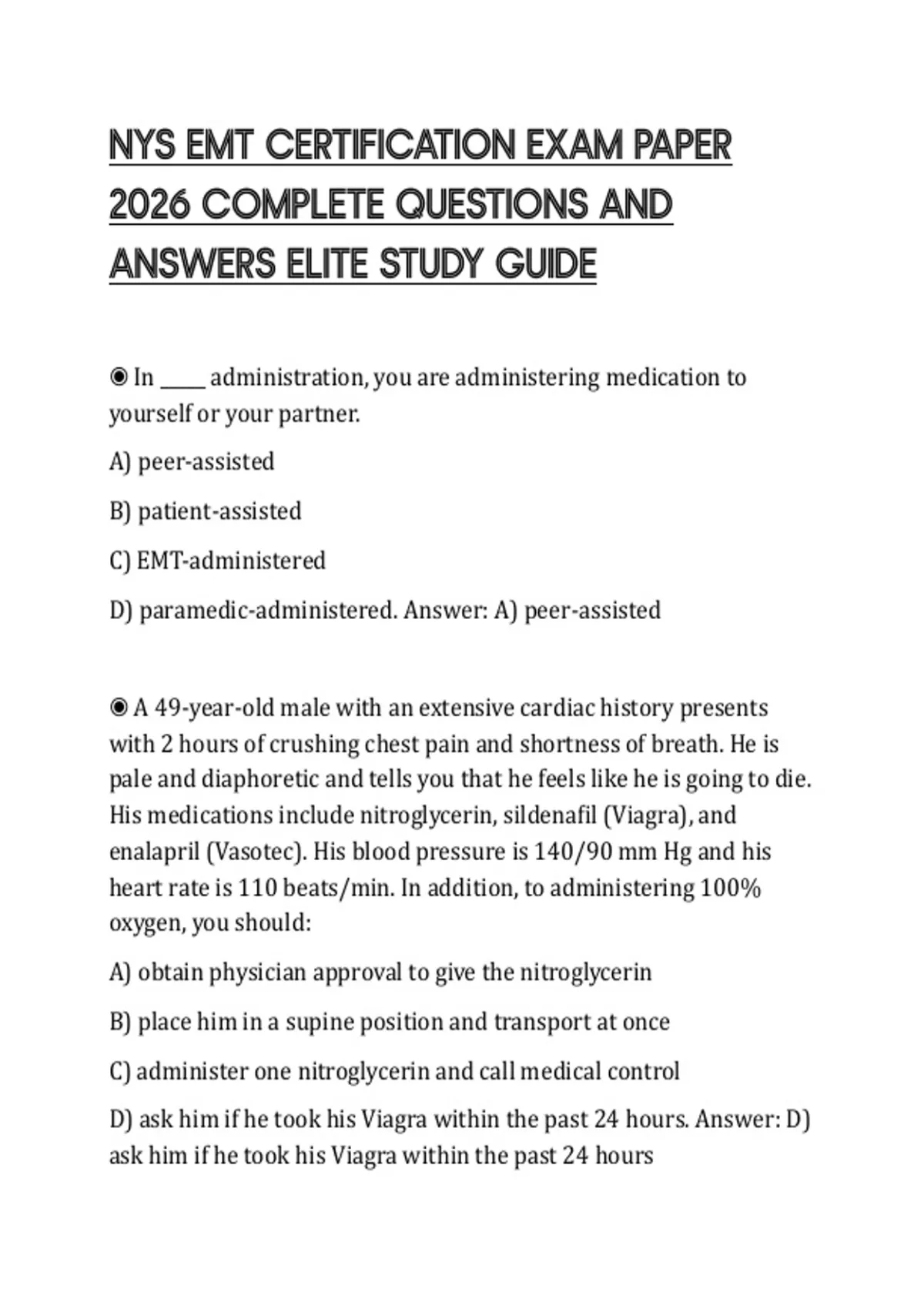 NYS EMT CERTIFICATION EXAM PAPER 2026 COMPLETE QUESTIONS AND ANSWERS ...