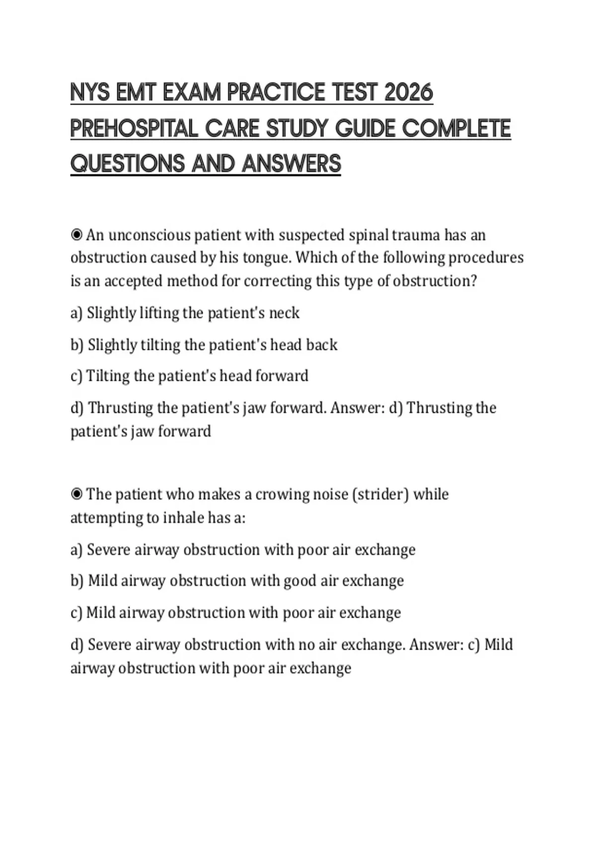NYS EMT EXAM PRACTICE TEST 2026 PREHOSPITAL CARE STUDY GUIDE COMPLETE ...