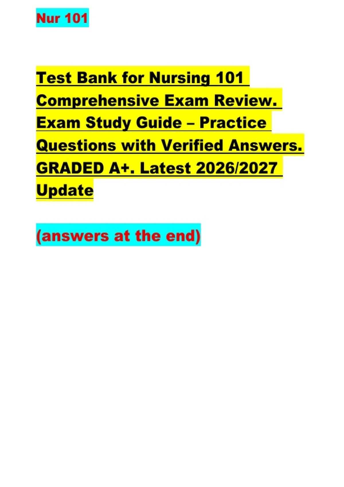 Test Bank for Nursing 101 Comprehensive Exam Review. Exam Study Guide ...