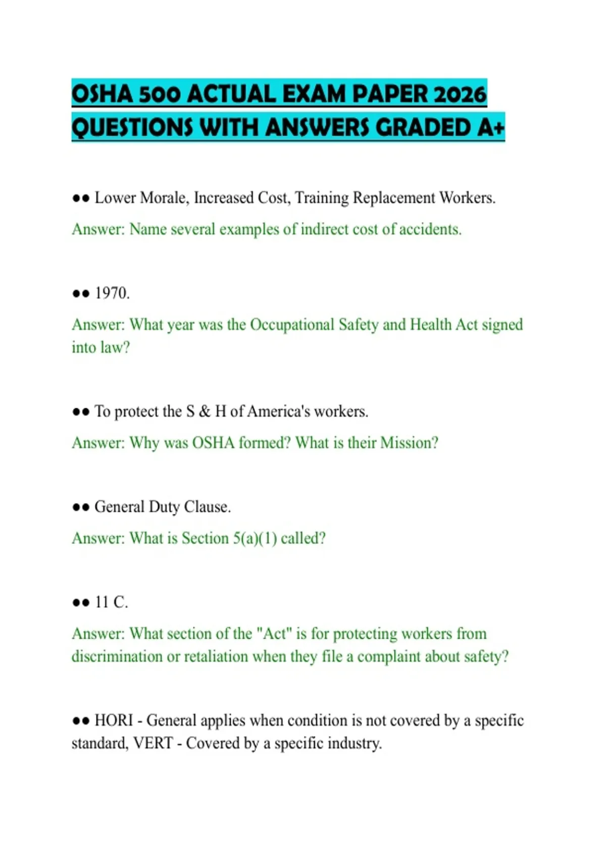 OSHA 500 ACTUAL EXAM PAPER 2026 QUESTIONS WITH ANSWERS GRADED A+ ...