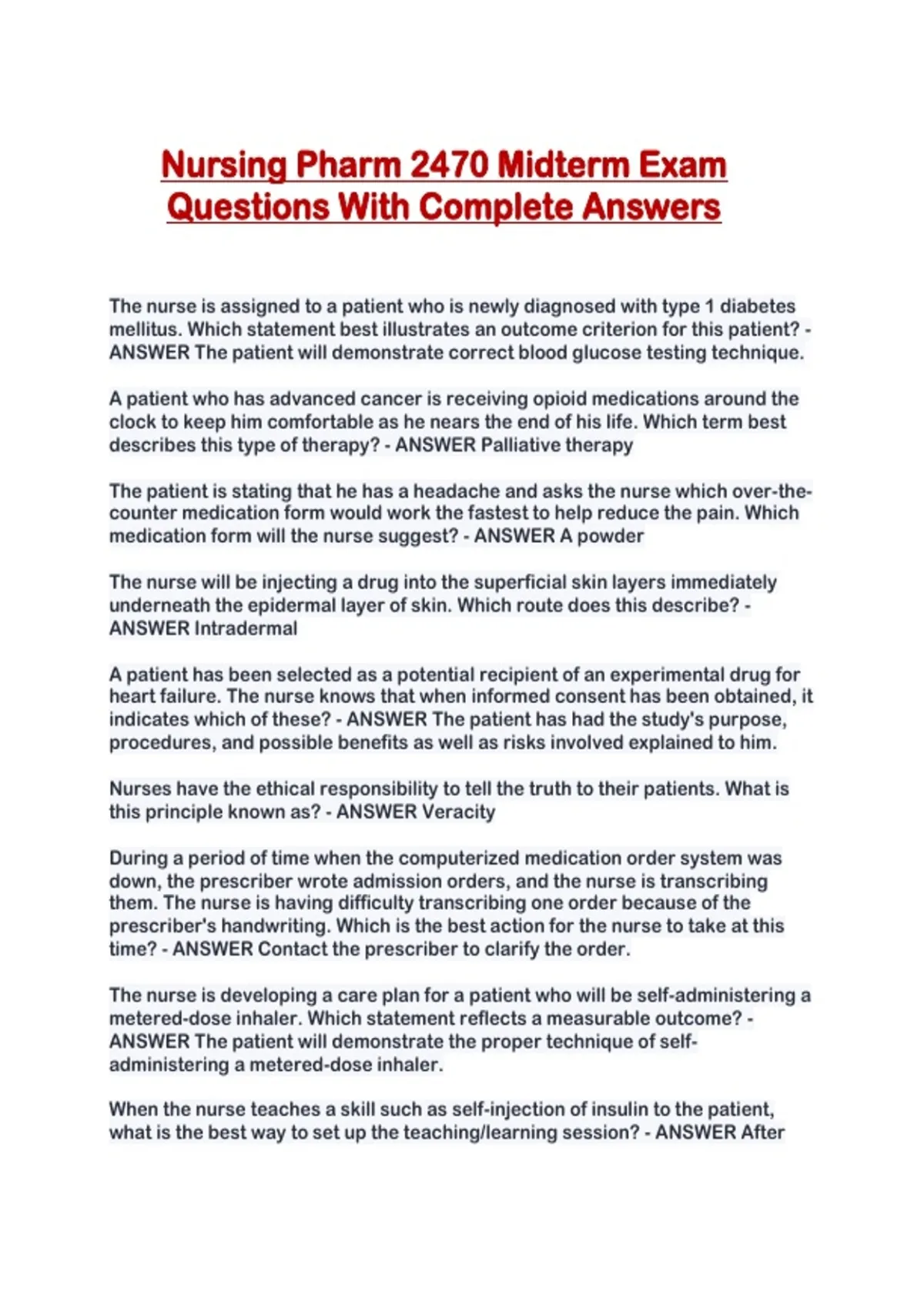 Nursing Pharm 2470 Midterm Exam Questions With Complete Answers ...