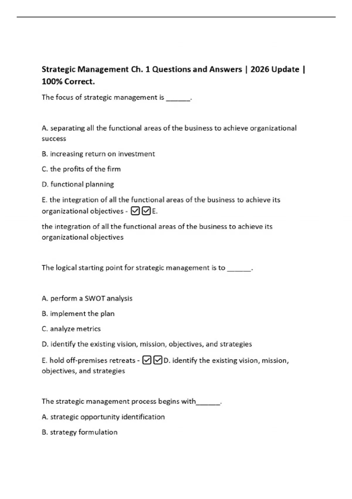 Strategic Management Ch. 1 Questions and Answers | 2026 Update | 100% ...