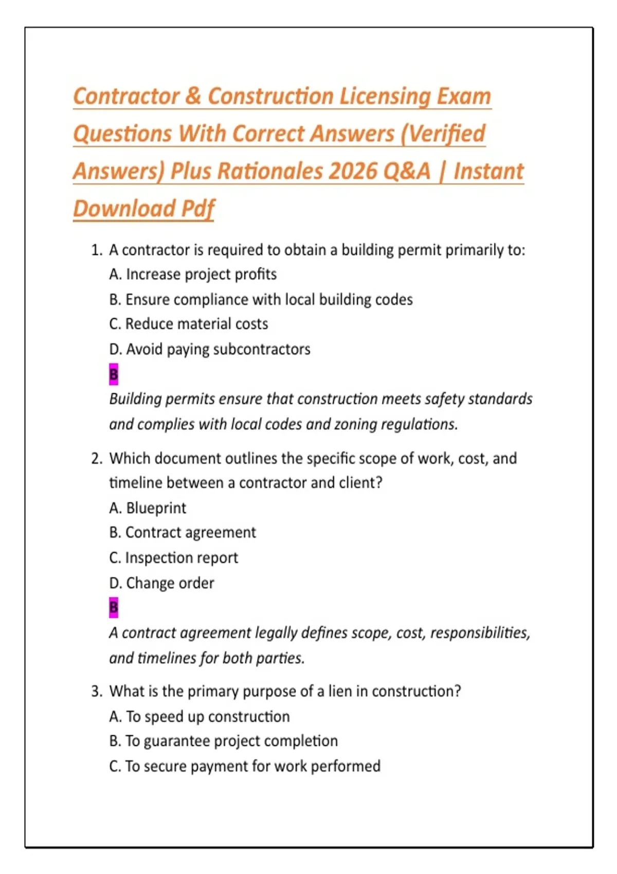 CONTRACTOR & CONSTRUCTION LICENSING EXAM PRACTICE QUESTIONS WITH ...