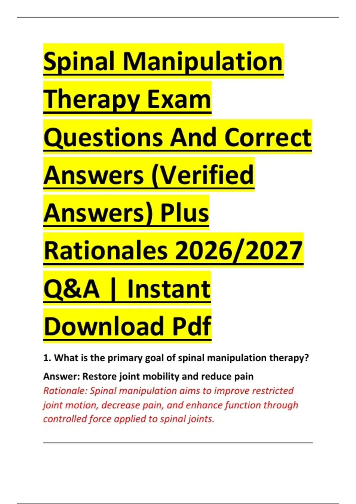 Spinal Manipulation Therapy Exam Questions And Correct Answers ...
