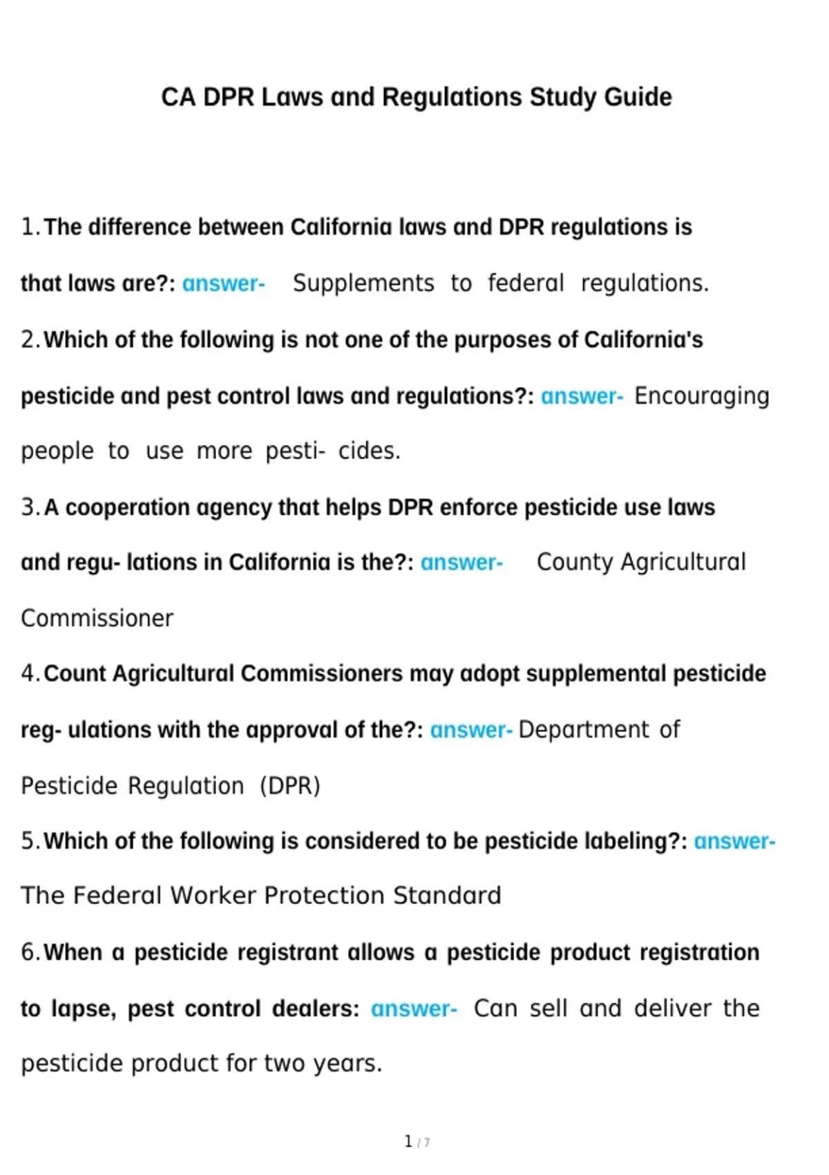 Cal Dpr Pesticide Regulation DPR Laws and Regulations Study Guide Complete ...