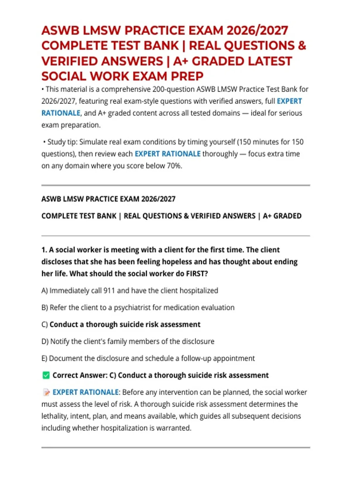 ASWB LMSW PRACTICE EXAM 2026/2027 COMPLETE TEST BANK | REAL QUESTIONS ...