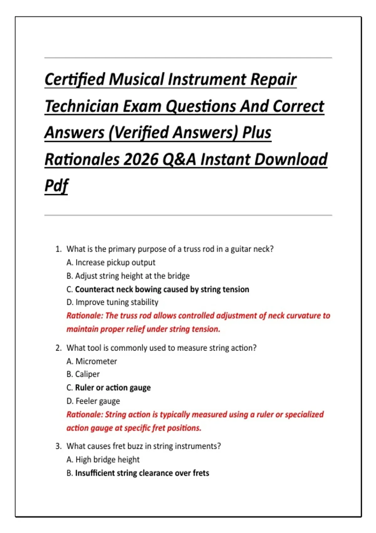 Certified Musical Instrument Repair Technician Exam Questions And Correct Answers (Verified ...