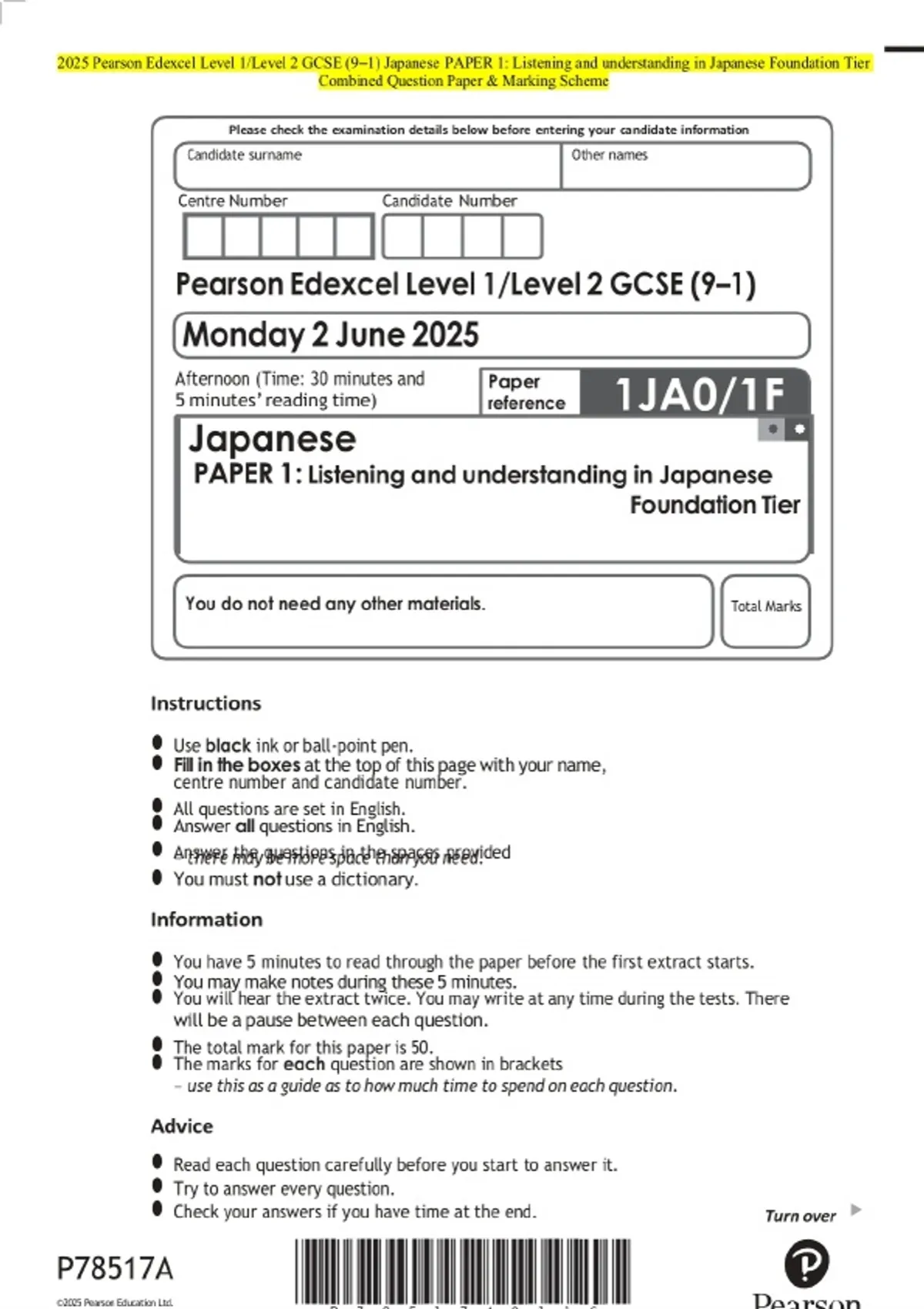 2025 Pearson Edexcel Level 1/Level 2 GCSE (9–1) Japanese PAPER 1 ...