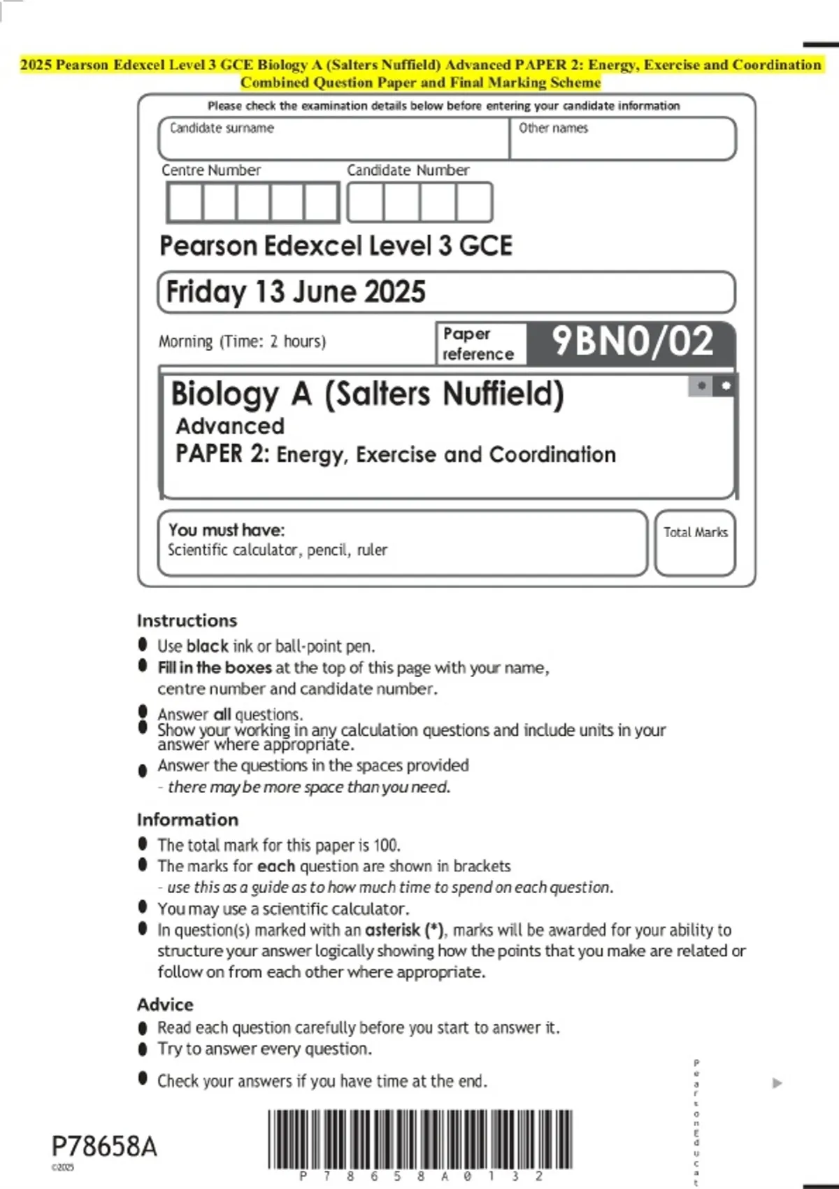 2025 Pearson Edexcel Level 3 GCE Biology A (Salters Nuffield) Advanced ...