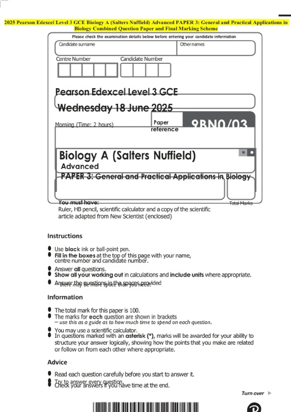 2025 Pearson Edexcel Level 3 GCE Biology A (Salters Nuffield) Advanced ...