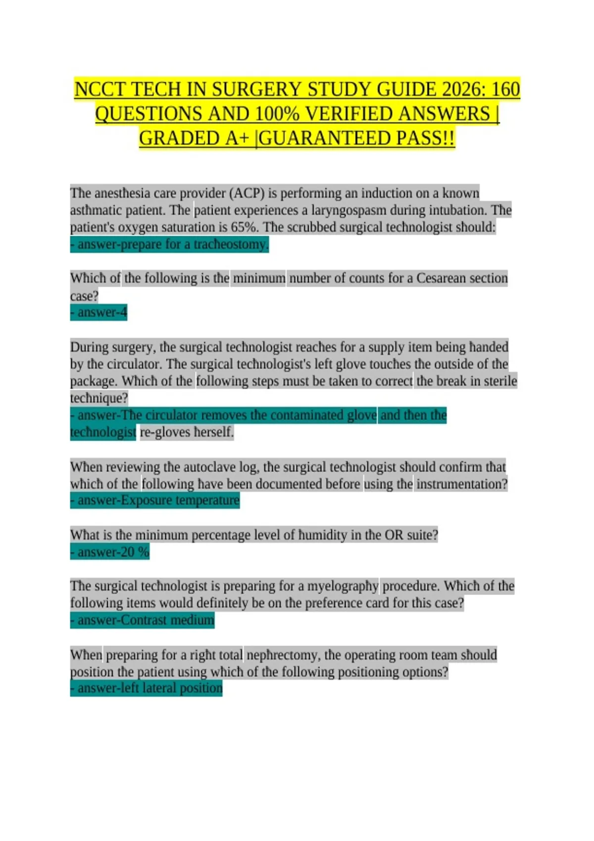 NCCT Tech in Surgery Study Guide Complete Practice Questions and ...