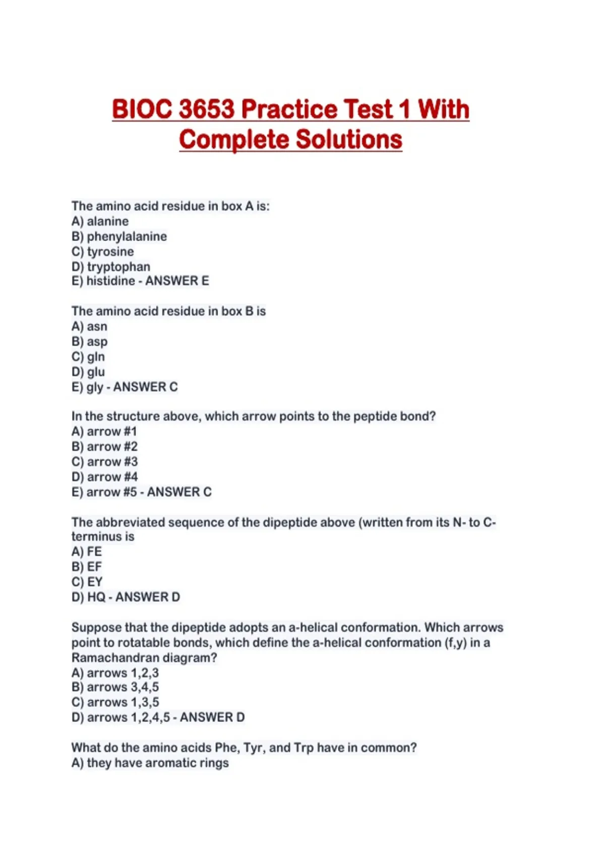 BIOC 3653 Practice Test 1 With Complete Solutions - BIOC 3653 - Stuvia US