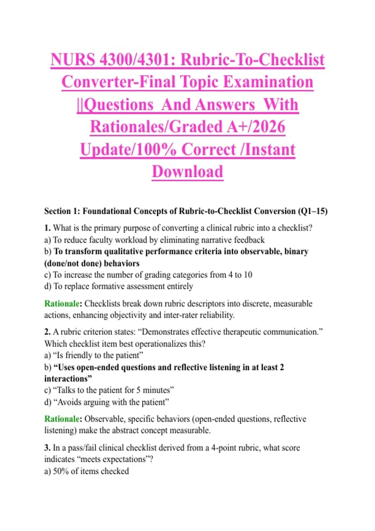NURS 4300/4301: Rubric-To-Checklist Converter-Final Topic Examination ...