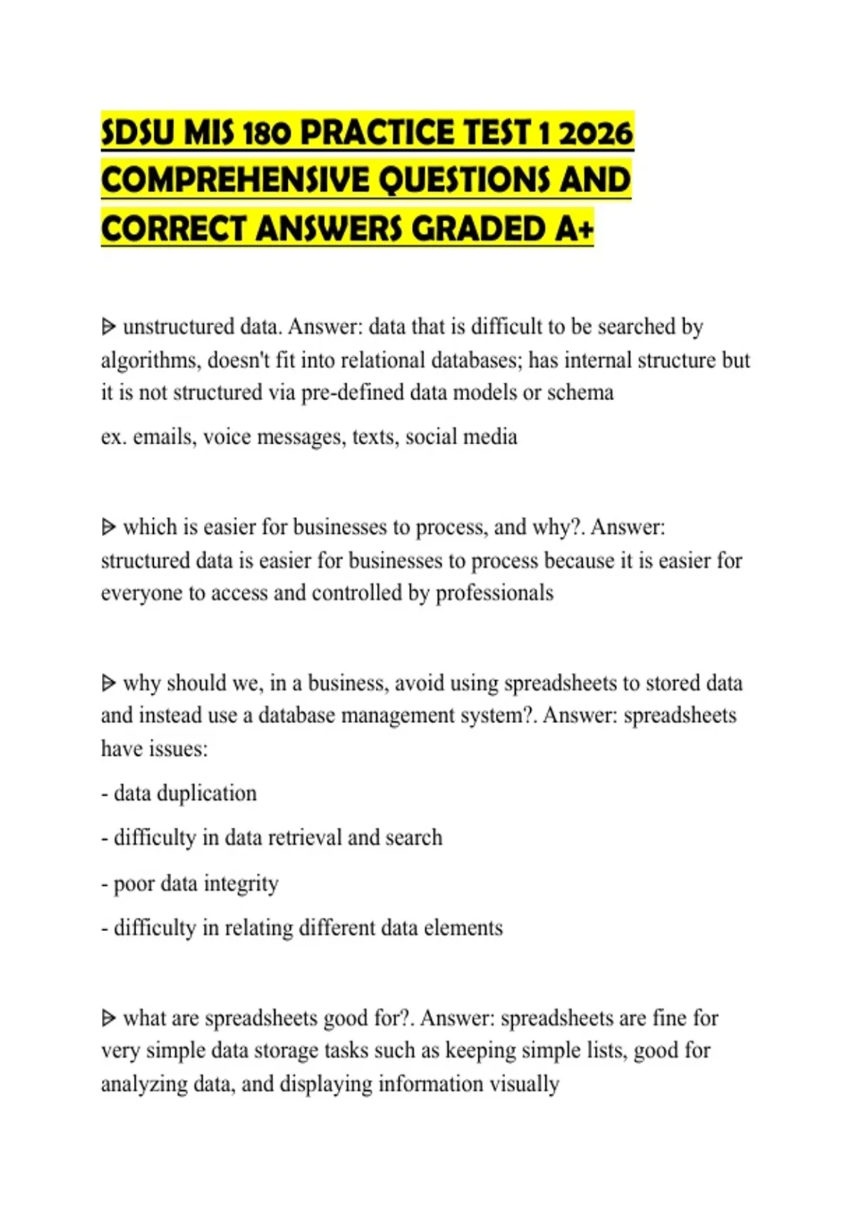 SDSU MIS 180 PRACTICE TEST 1 2026 COMPREHENSIVE QUESTIONS AND CORRECT ...