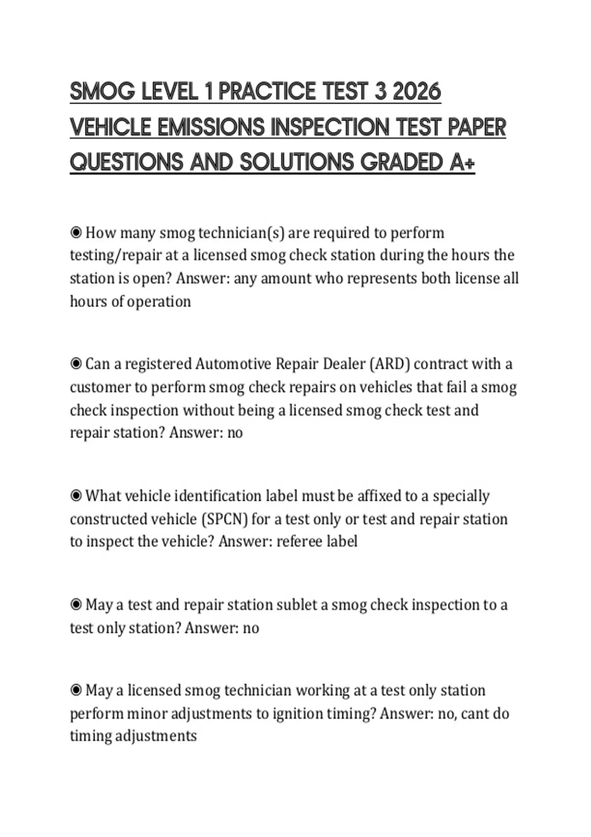 Smog Vehicle Inspection Report.pdf SMOG LEVEL 1 PRACTICE TEST 3 2026 VEHICLE EMISSIONS INSPECTION TEST ...
