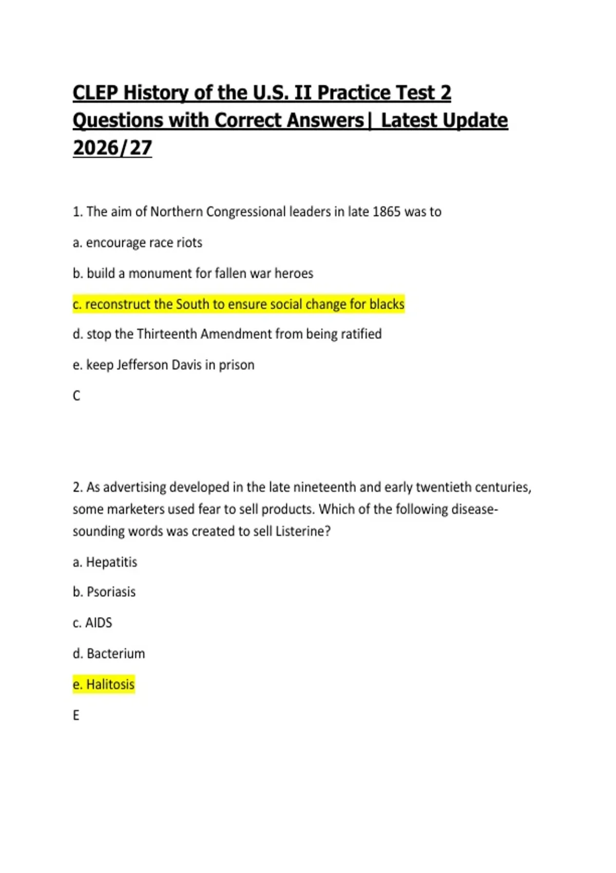 CLEP History of the U.S. II Practice Test 2 Questions with Correct ...